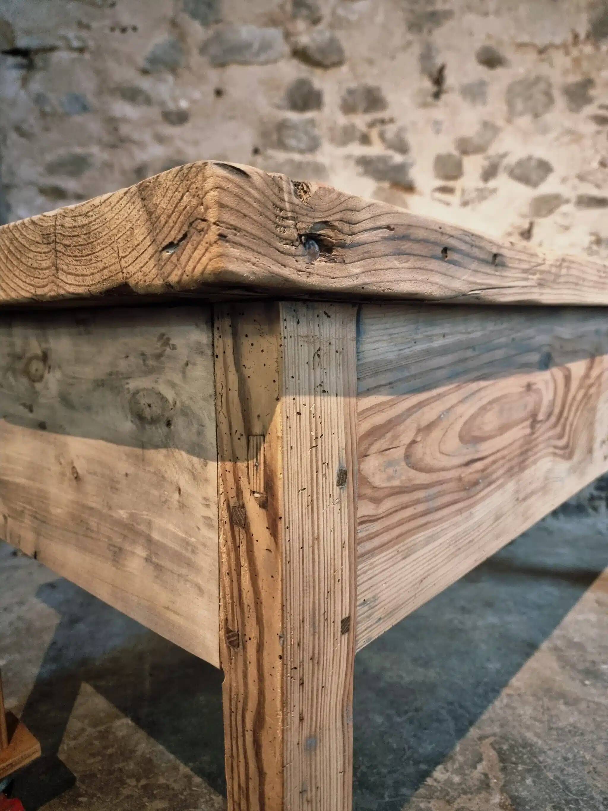 Vintage French pine work table, 1930s industrial kitchen island with drawer and casters
