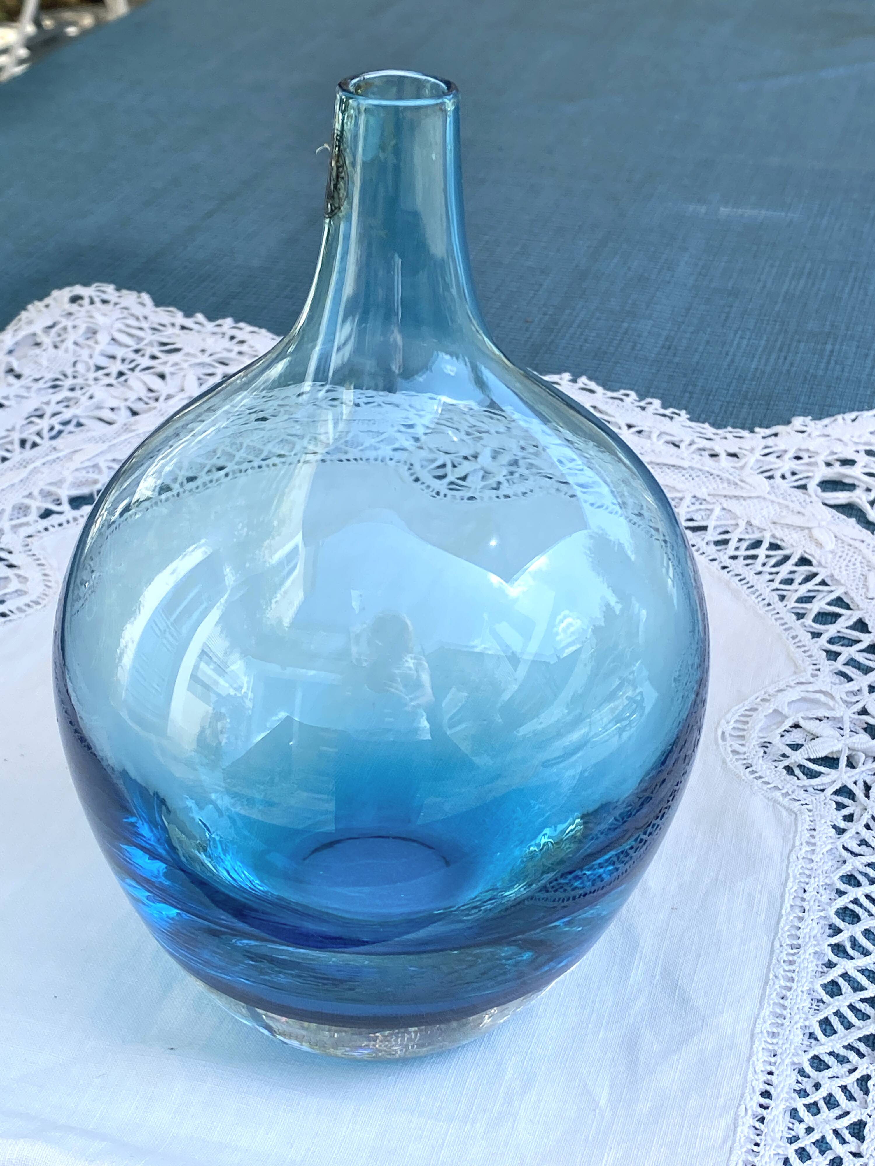 Vintage handmade aqua blue glass bud vase from the 1990s
