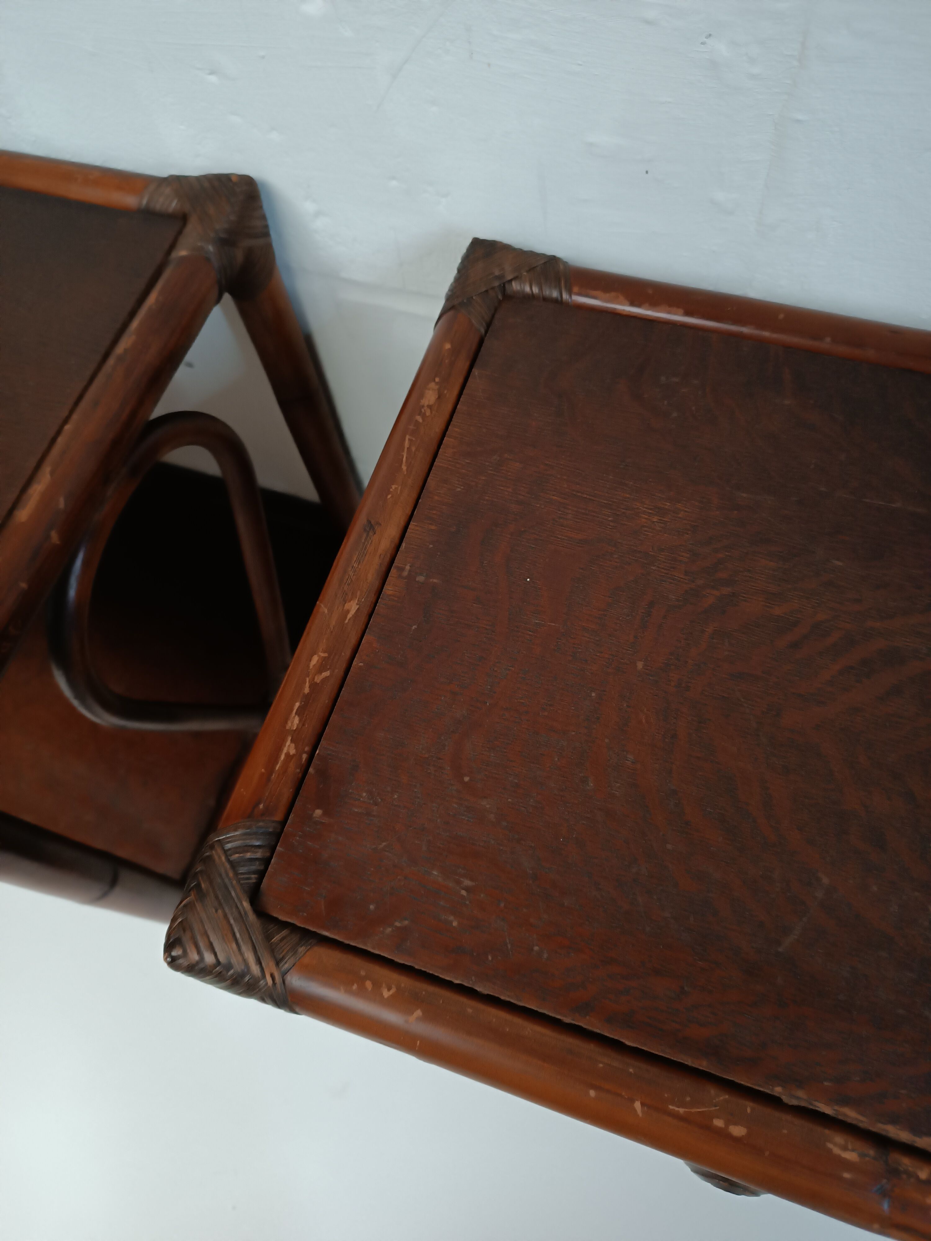 Pair of wooden bedside tables, bamboo and canning