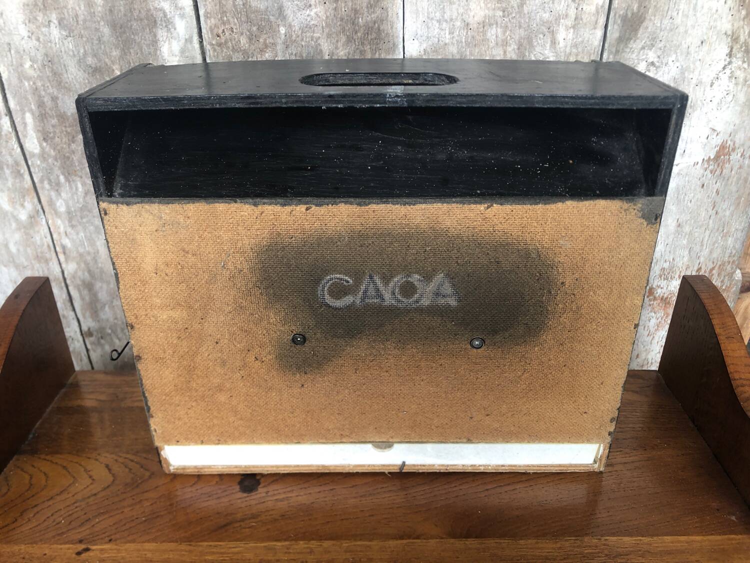 Old small bird cage caoa wood + metal + plastic tray vintage