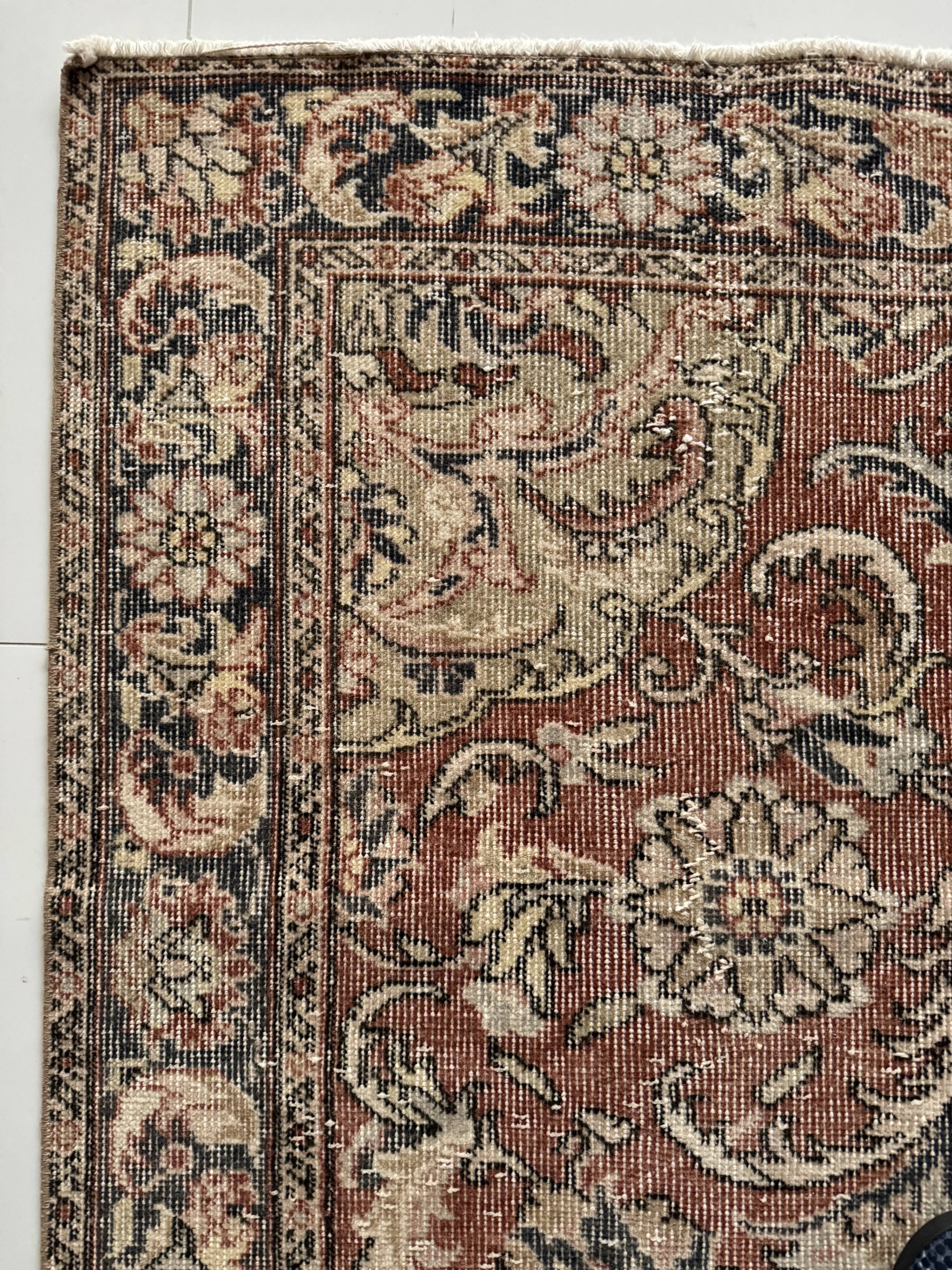 125x217 Cm Hand Knotted Wool Blue Red Tones Vintage Rug, Oriental Turkish Floral Rug