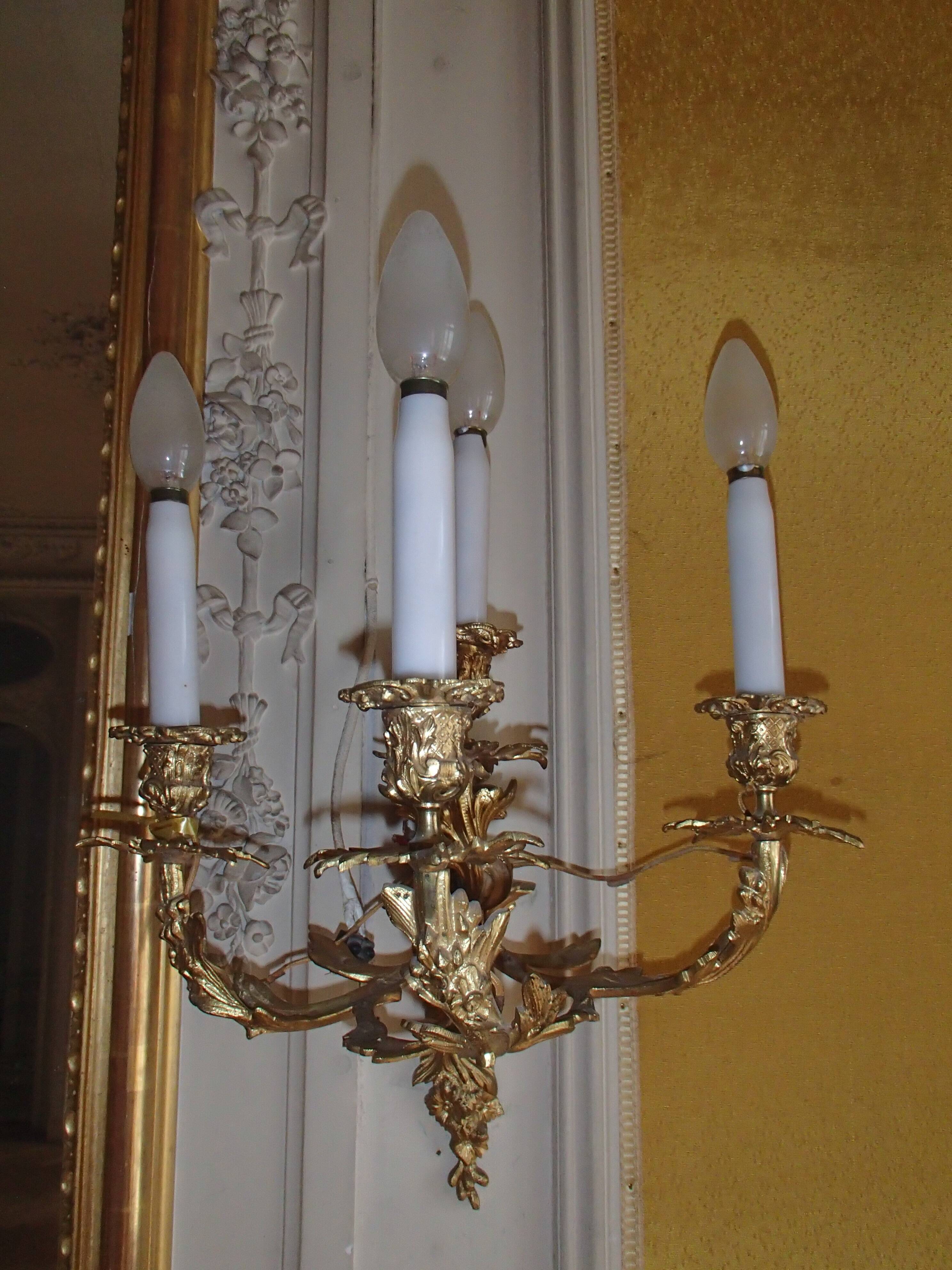Pair of 4-branch wall sconces - gilded bronze