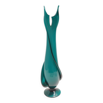Vintage Teal Encased and Hand-Blown Murano Glass Flower Vase, Italy