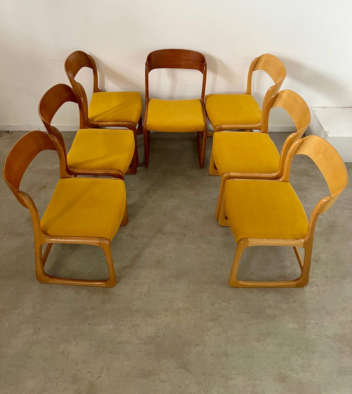 Set of 7 Baumann sled chairs in wood and mustard yellow fabric, 1960s