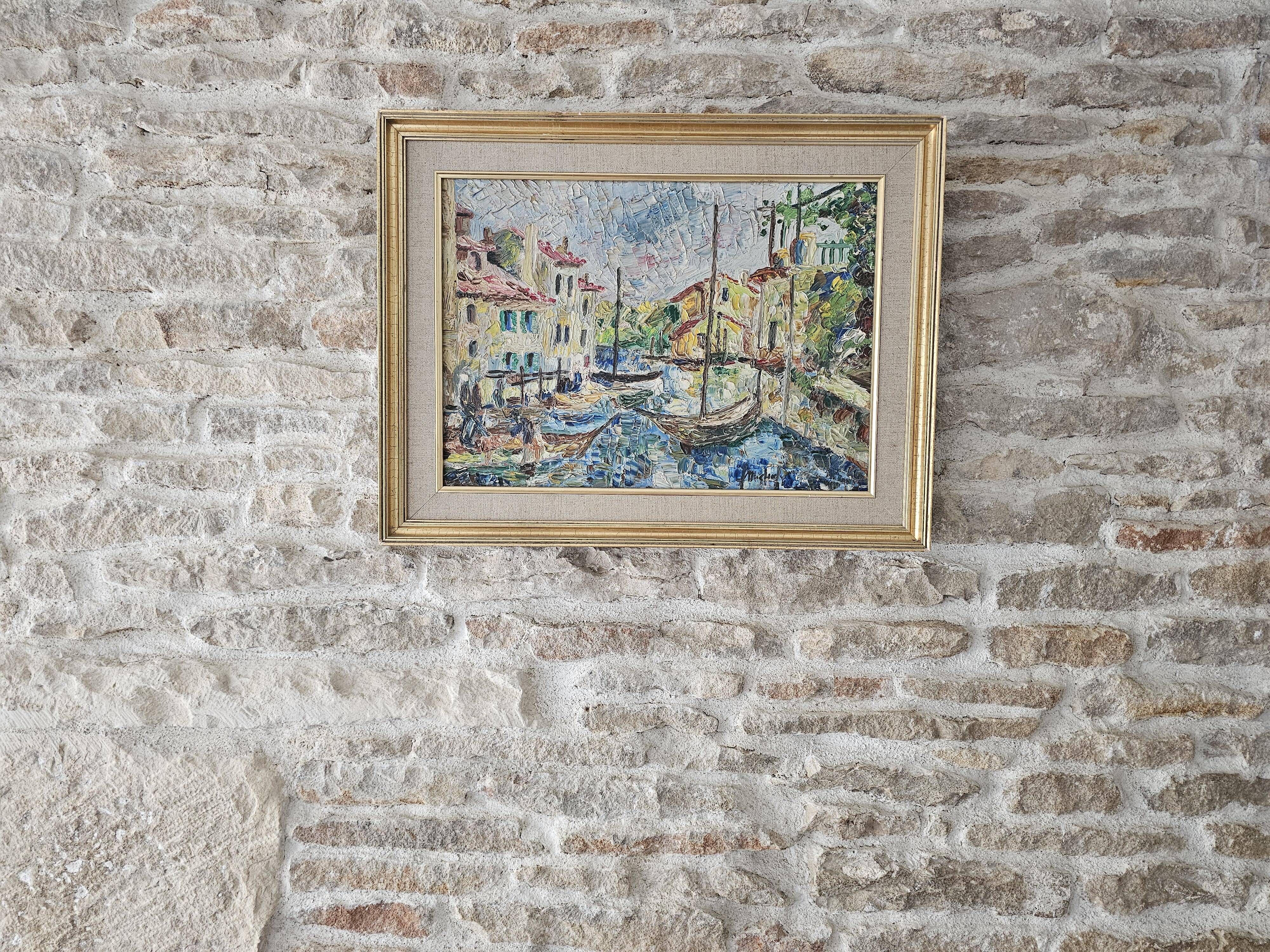 Oil painting on canvas Landscape - Port of Martigues signed Michel 1961