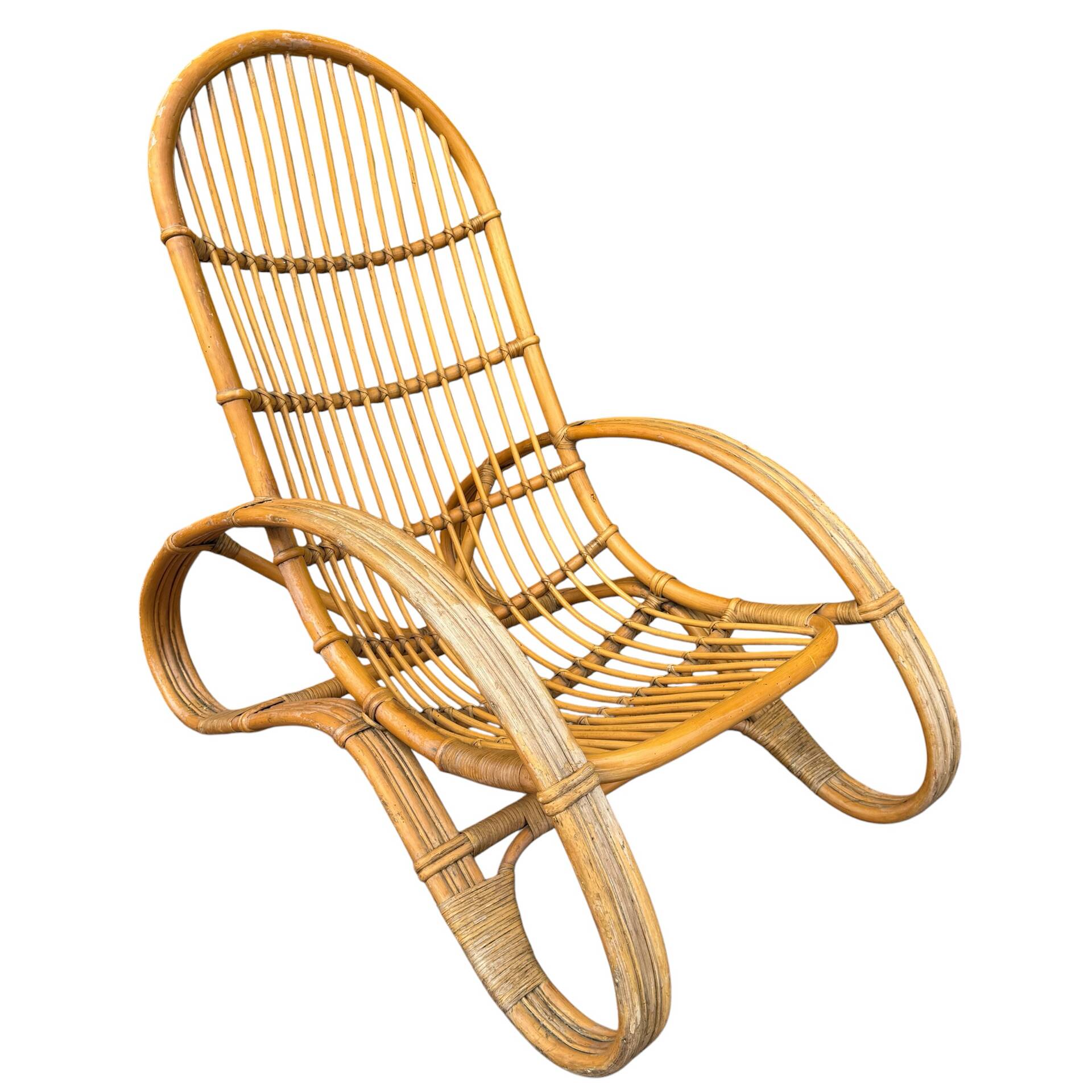 Curved bamboo and rattan armchair in Italian style by Roberti from the 1960s.