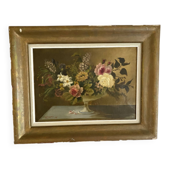 Huile sur toile ancienne Bouquet , nature morte Tosello J. XIXe