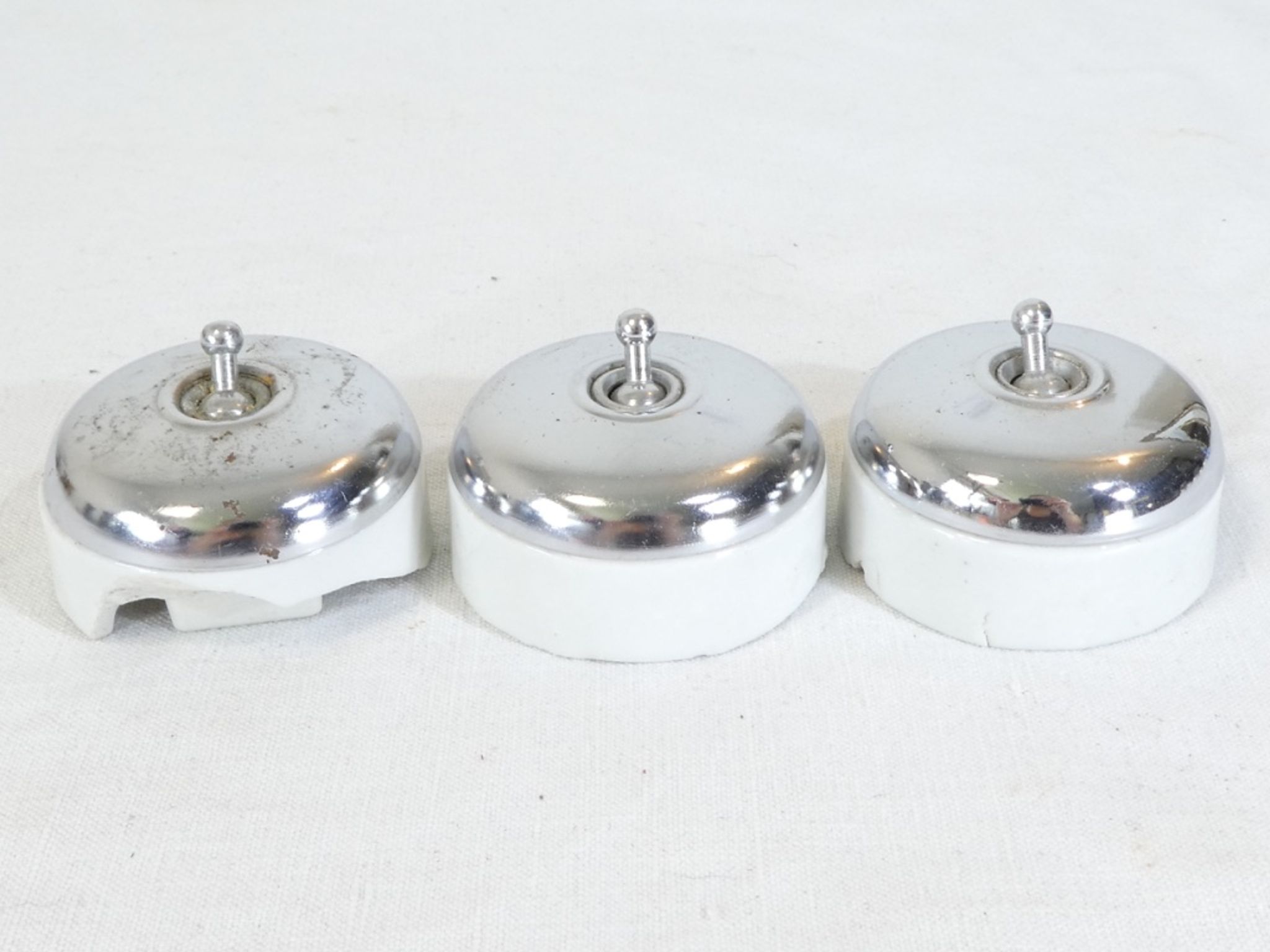 3 Ancient porcelain switches and industrial vintage crhomé metal