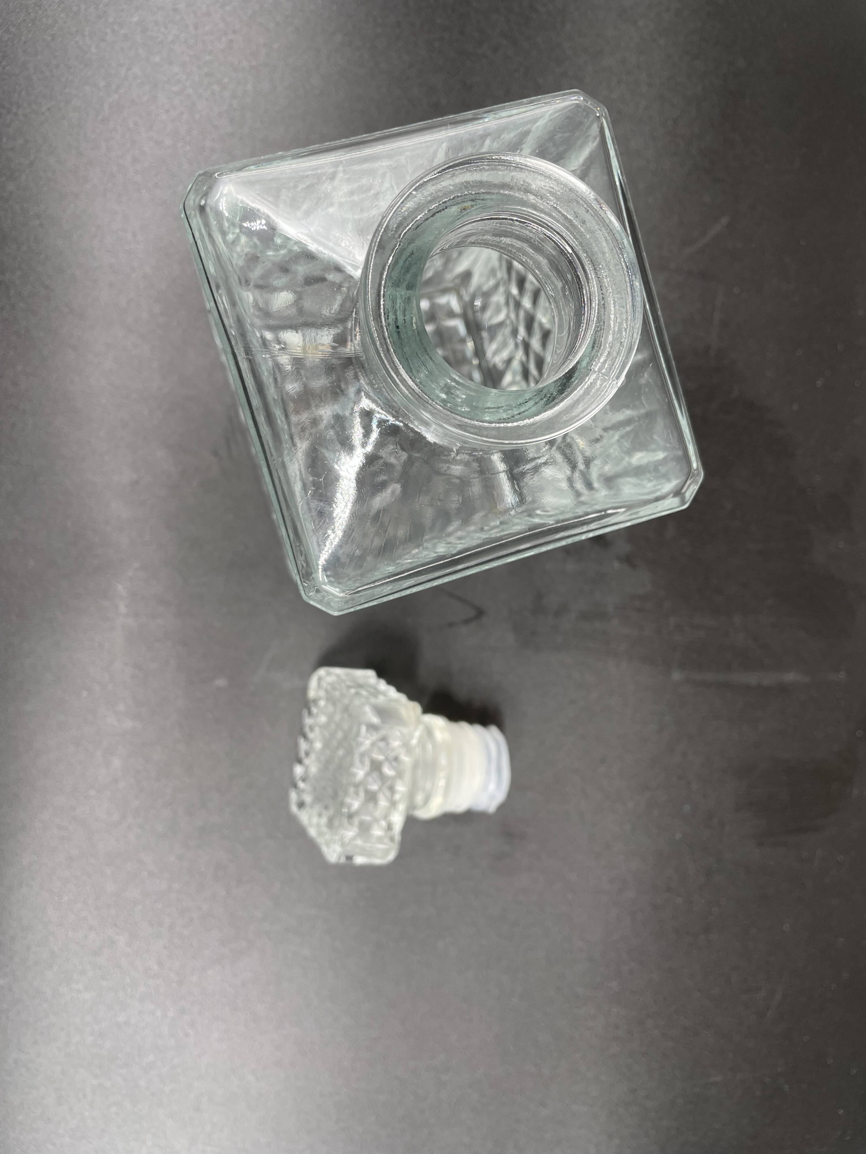 Vintage, whisky decanter, bottle, pitcher, cap, diamond decoration, spikes, 1960s, 1970s, Glass