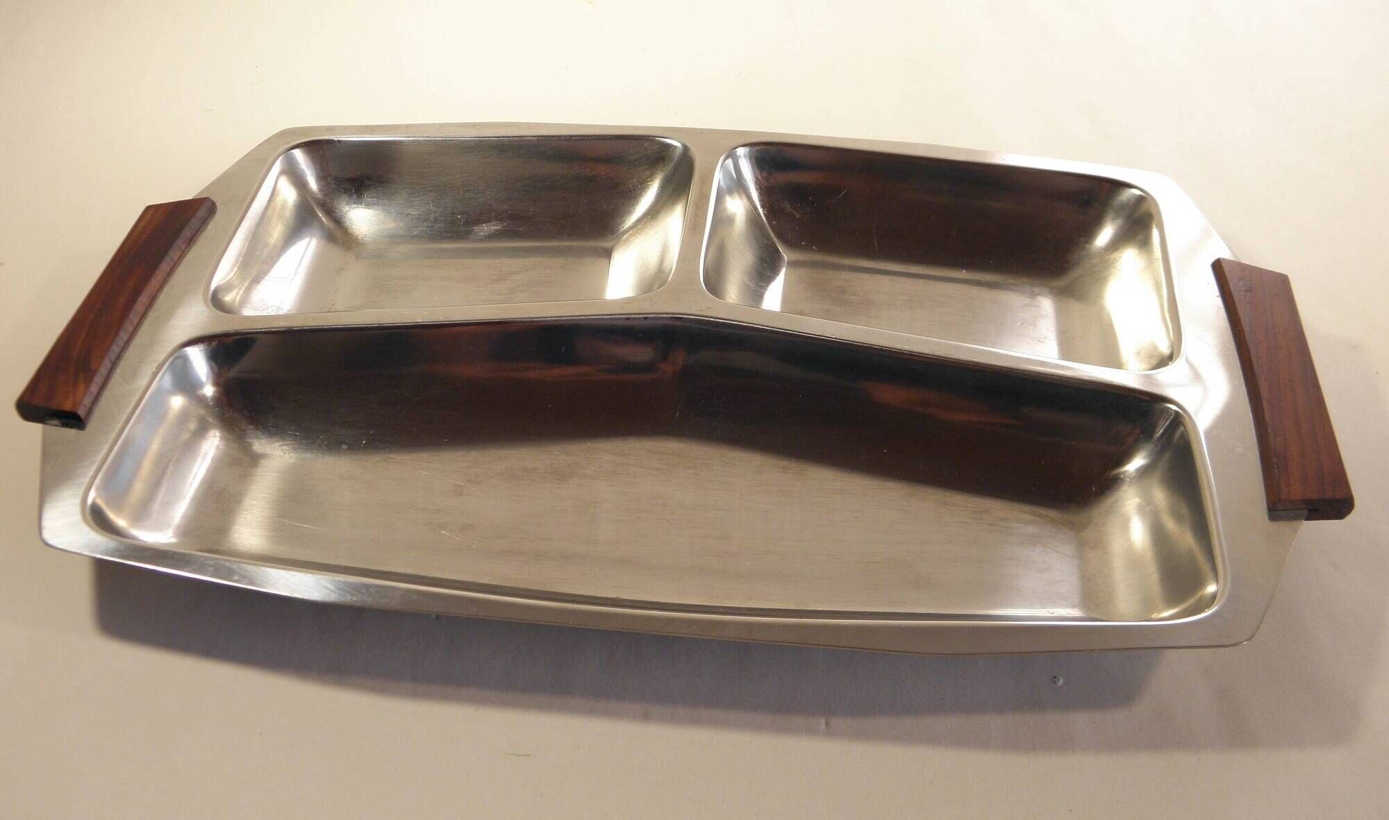 Set of 4 stainless steel and wood trays from the 70s