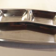 Set of 4 stainless steel and wood trays from the 70s