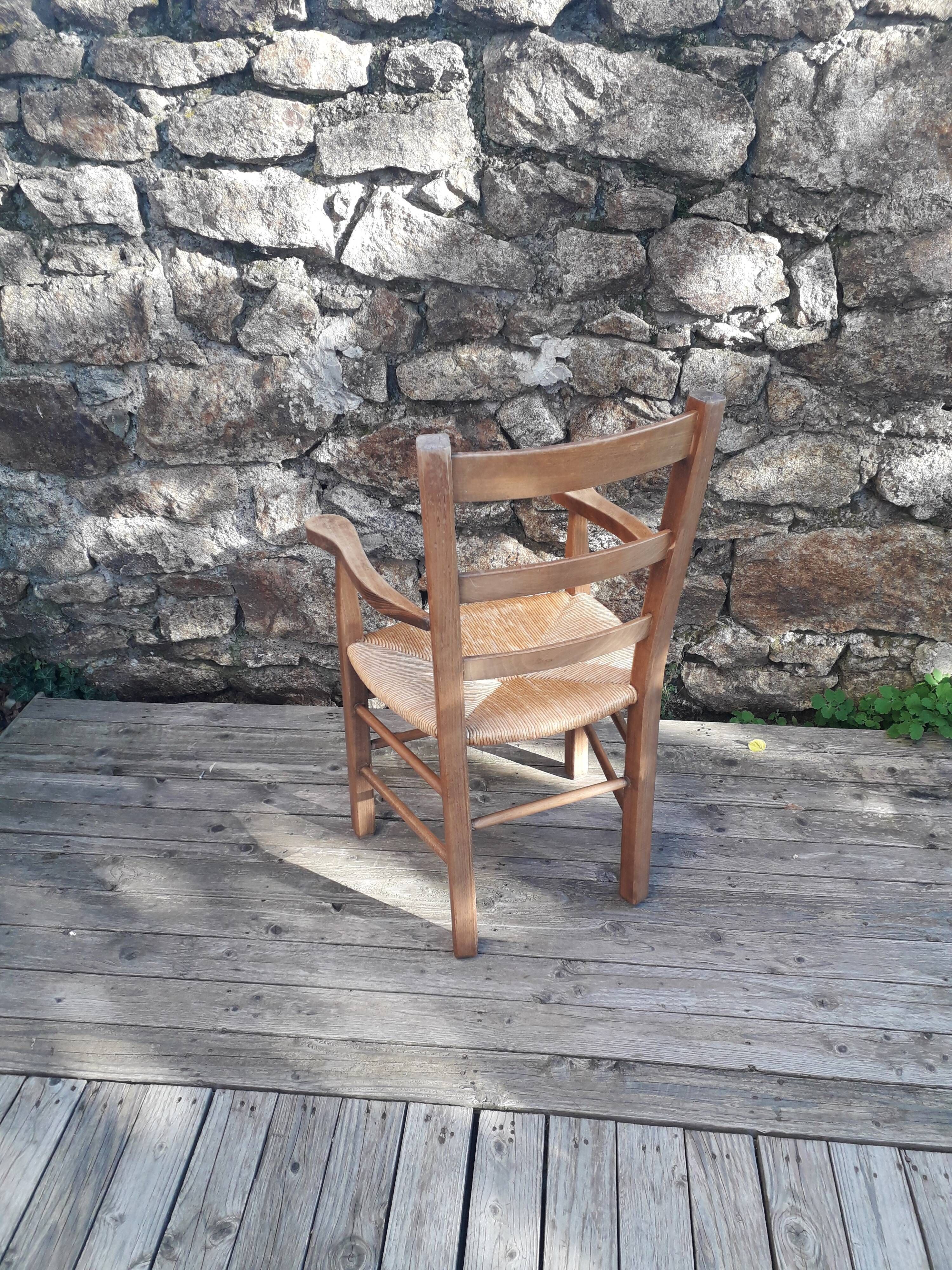 Chair with armrests / wooden armchair and straw seat - 1960s