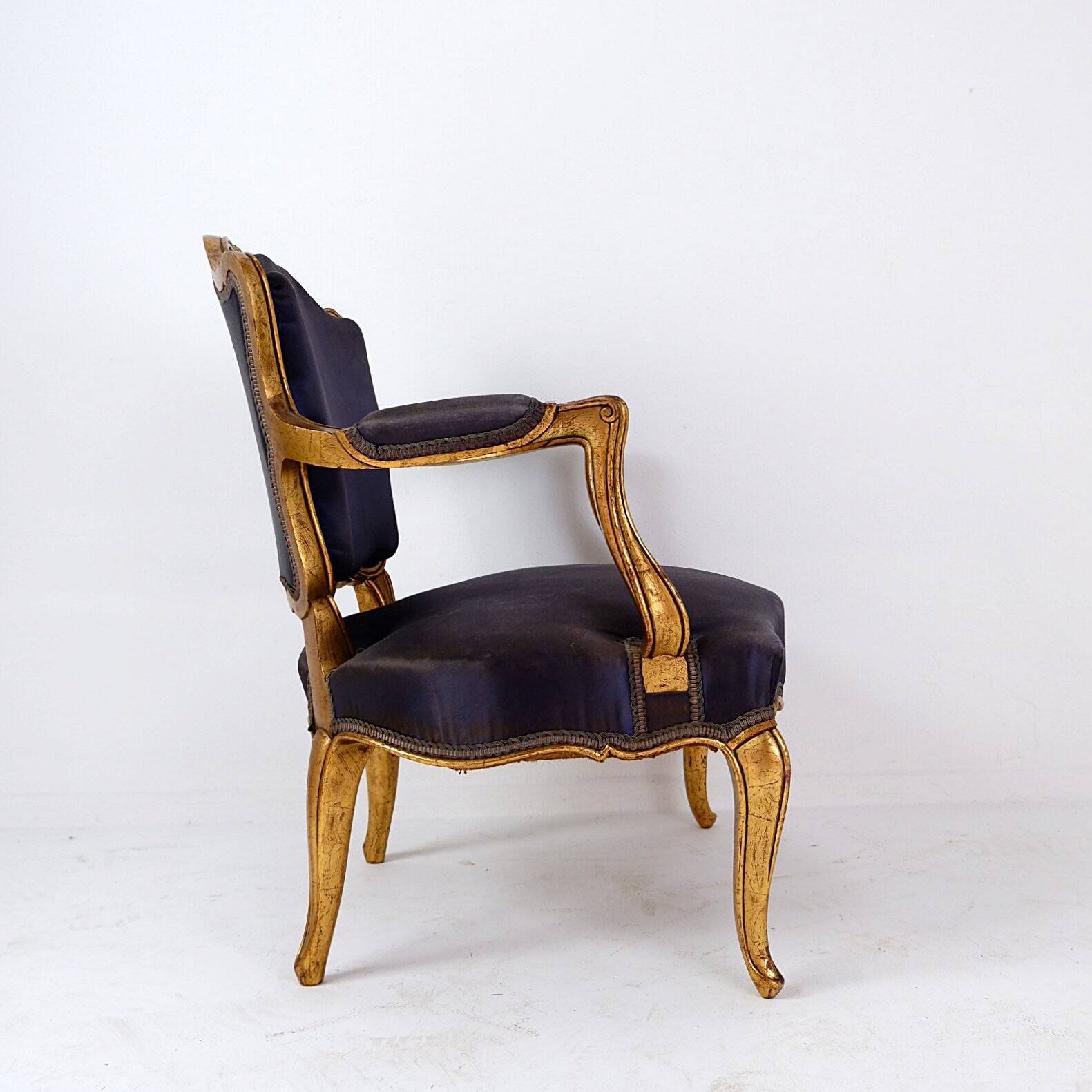 Louis XV style armchairs with original navy blue silk upholstery