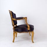 Louis XV style armchairs with original navy blue silk upholstery