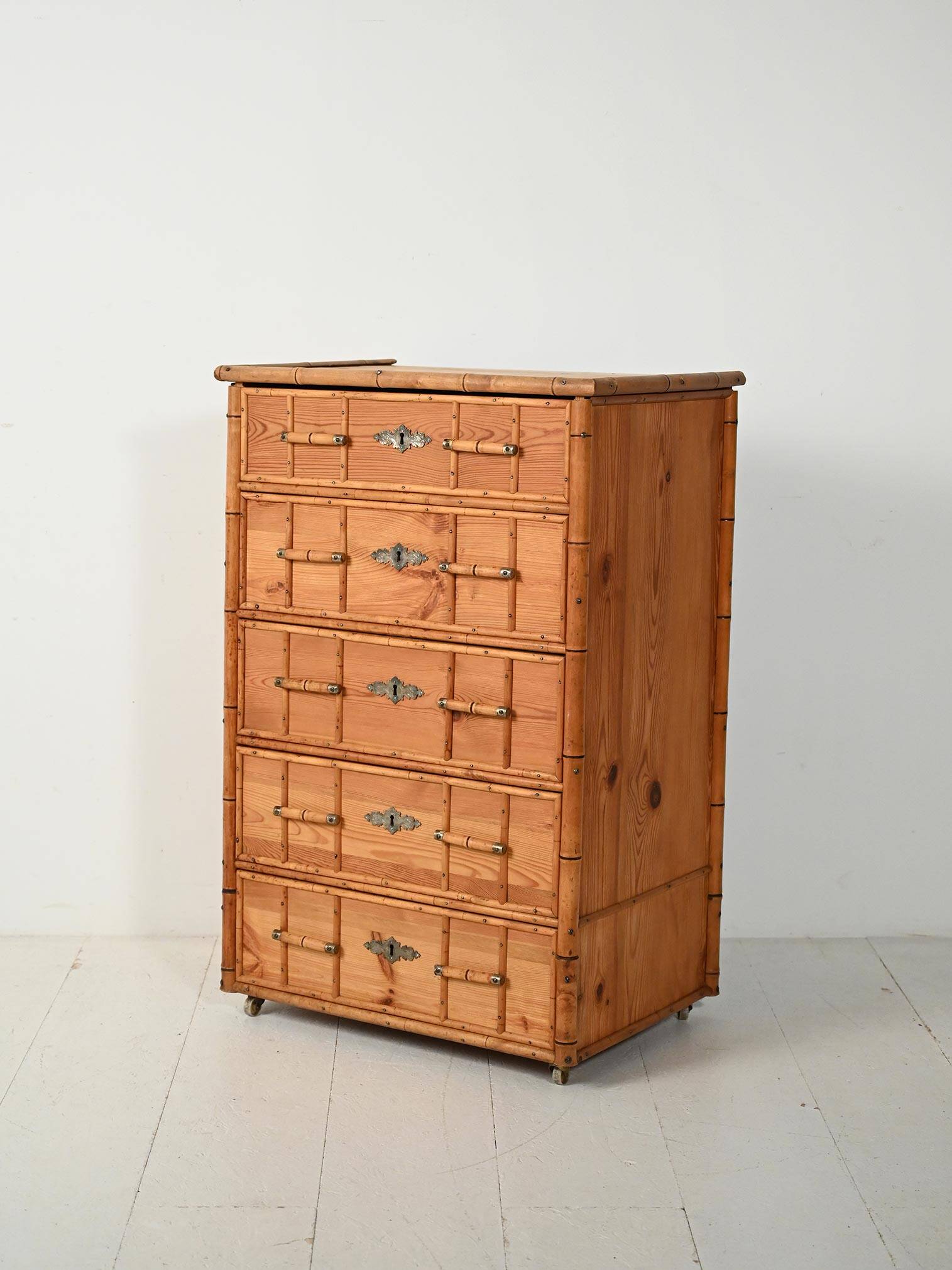 Scandinavian Colonial-Style Chest of Drawers in Pine and Bamboo