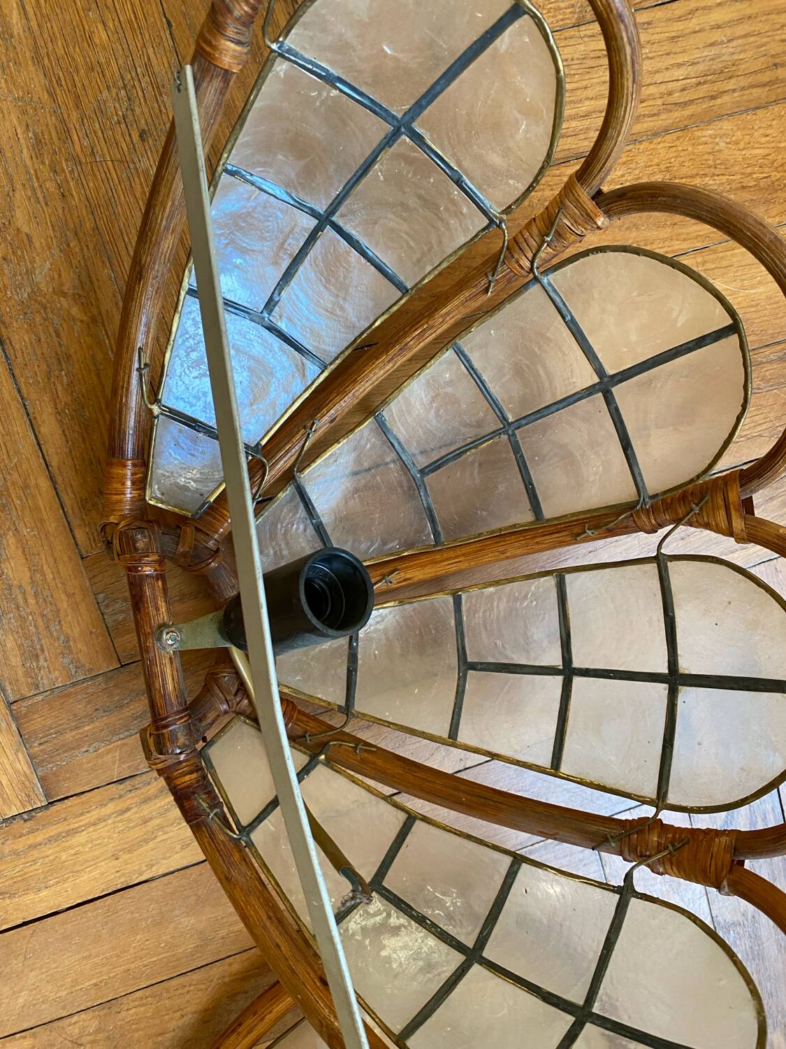 Pair of mother-of-pearl rattan wall lights