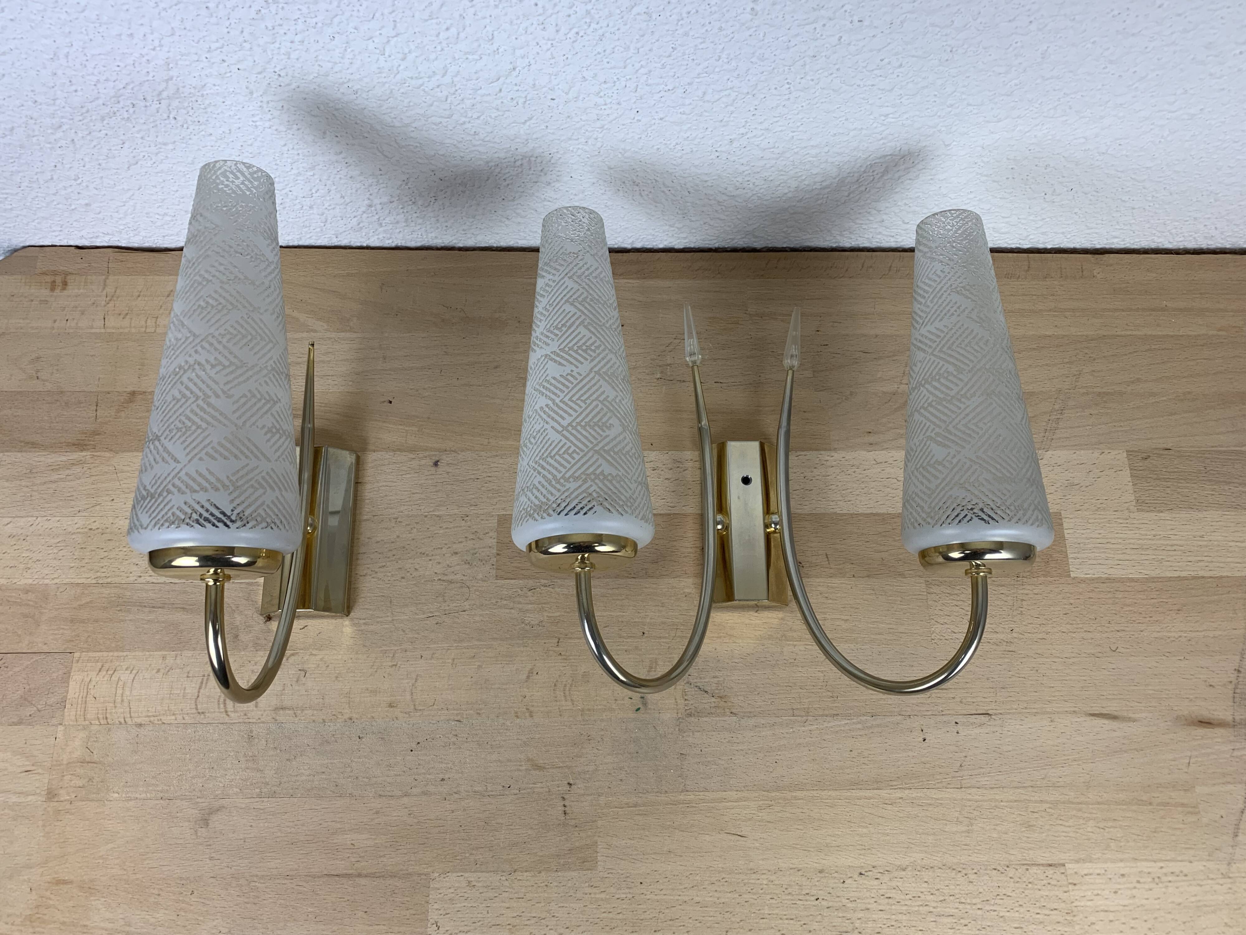 Pair of brass and opaline wall lamps 50s