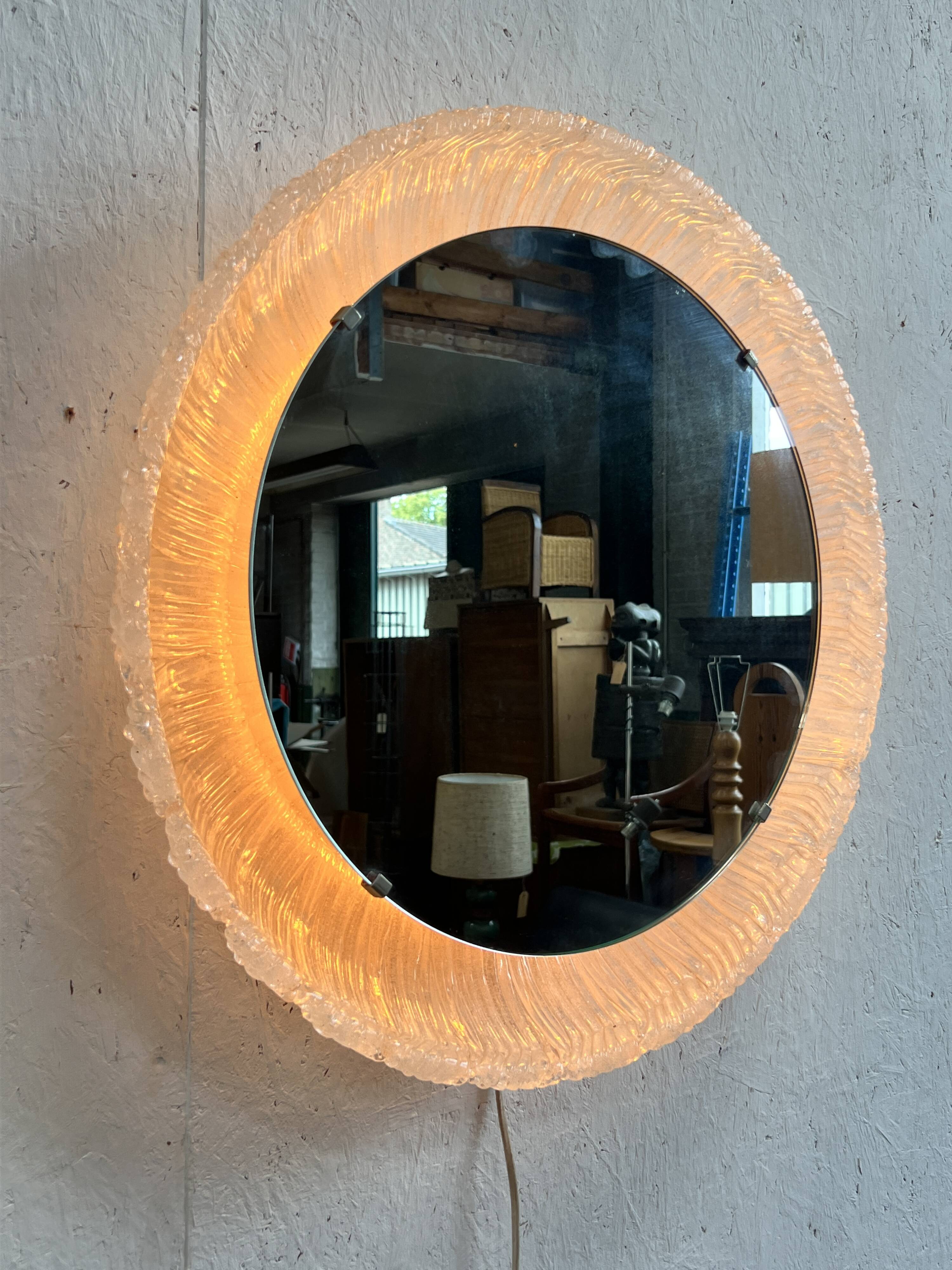 Vintage Round Hillebrand Iceglass Mirror with Lighting