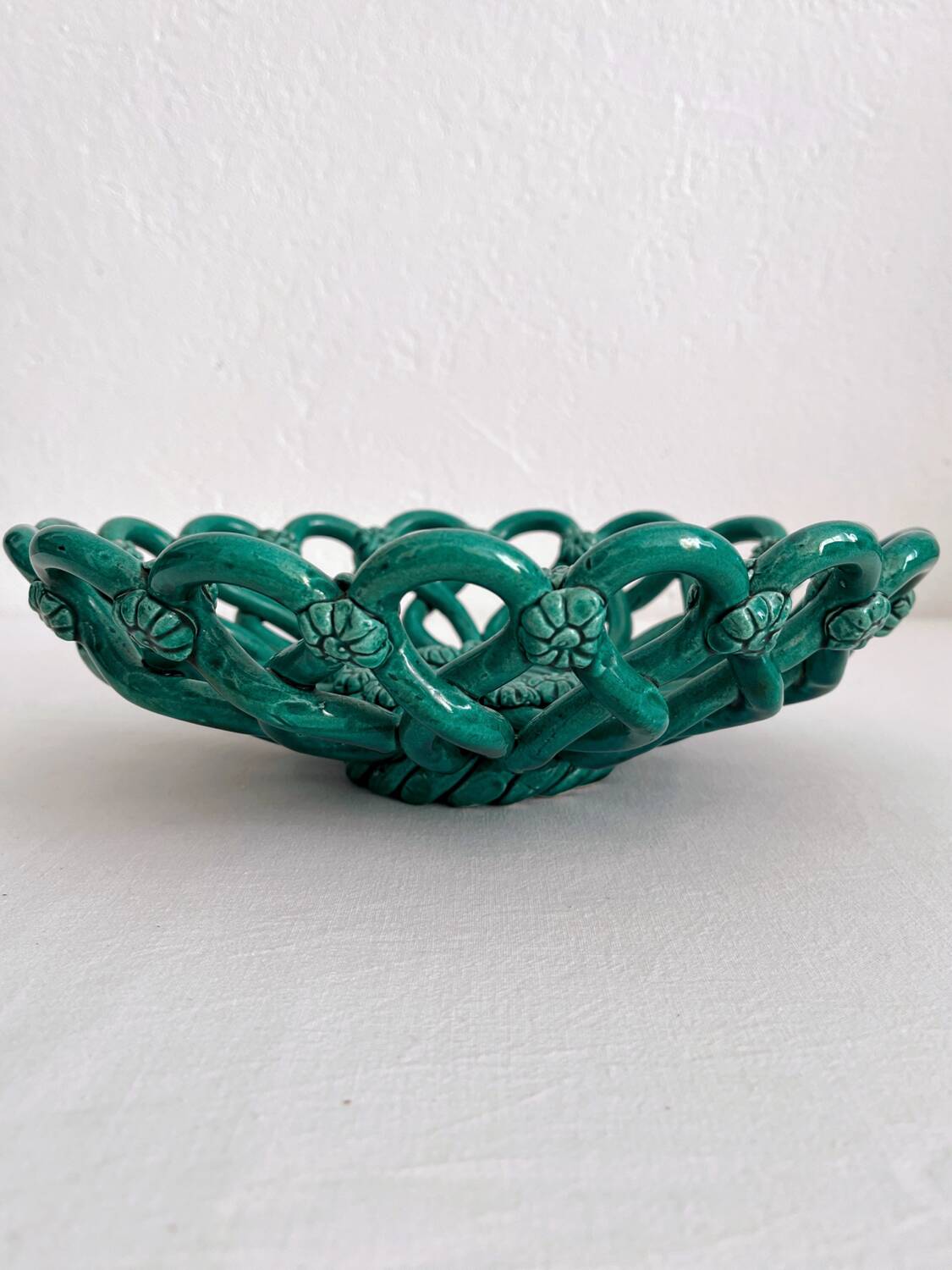 Vintage Vallauris green woven ceramic fruit bowl