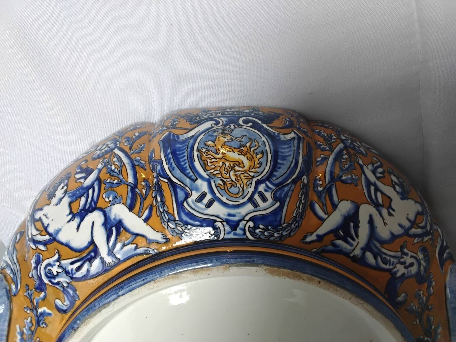 Gien earthenware bowl with handles, Francois I decor, 1860