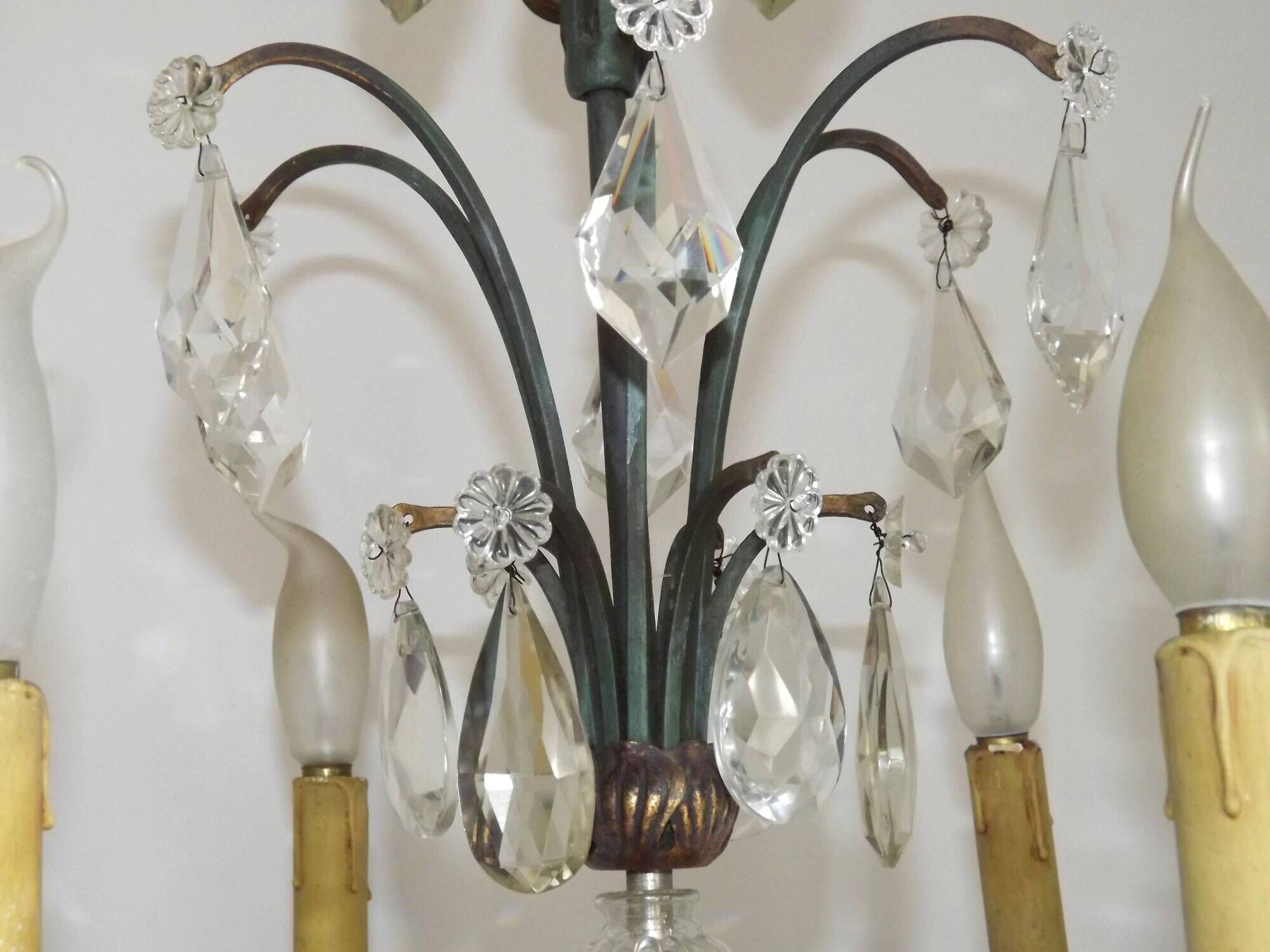 French Art Deco 6-Light Green Finish Bronze Crystal & Glass Chandelier 5343