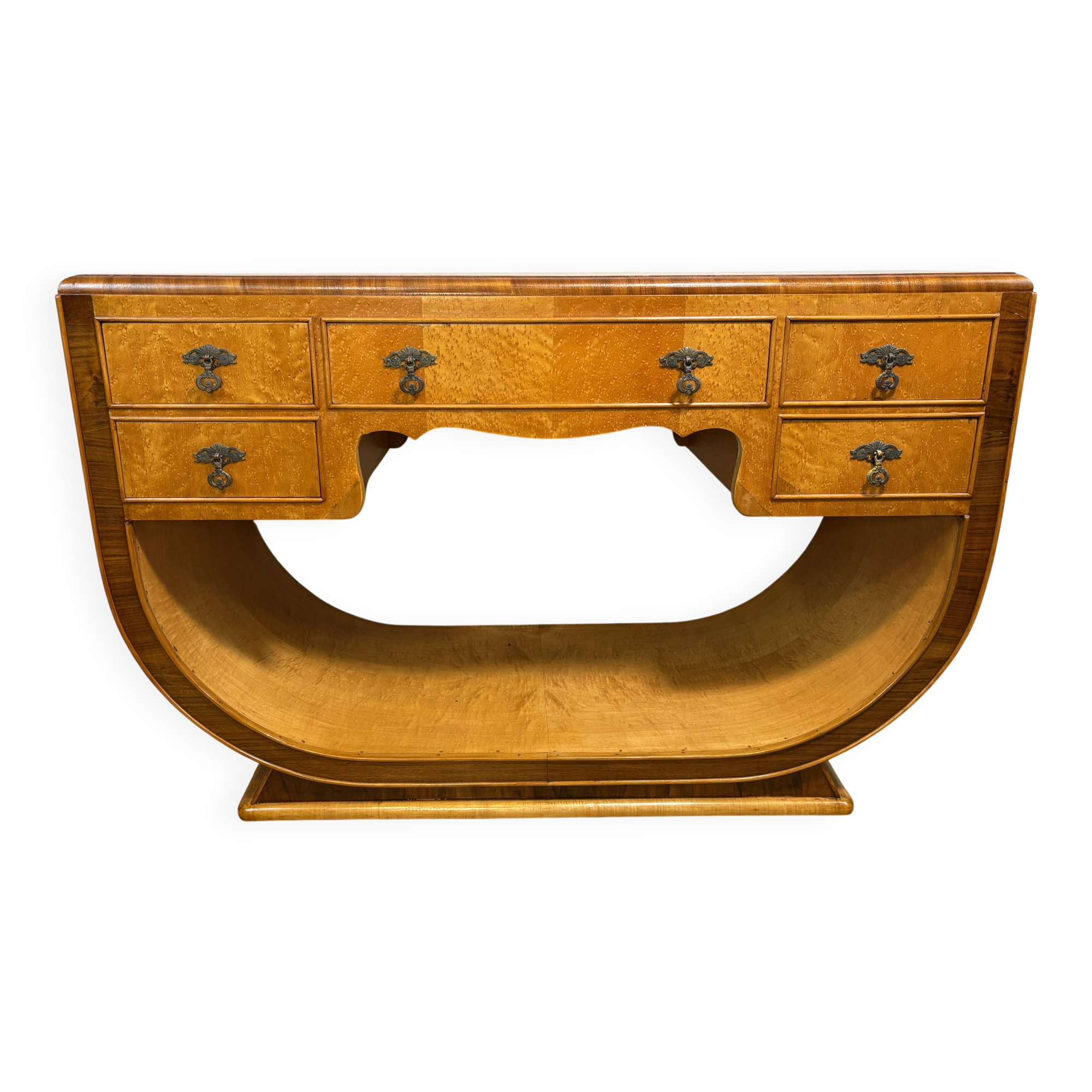 Table console vintage Art Déco en érable à œil d'oiseau 1920-1930 Sweep