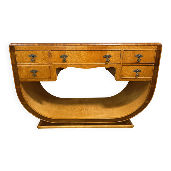 Table console vintage Art Déco en érable à œil d'oiseau 1920-1930 Sweep