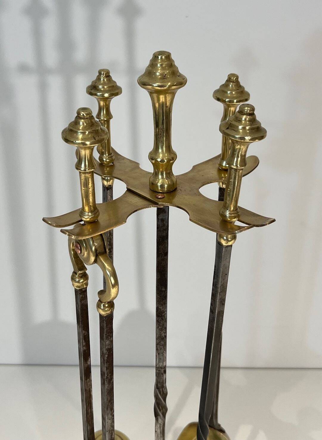Fire Tool Set in Brass and Brushed Steel with Claw Feet, Attributed to the