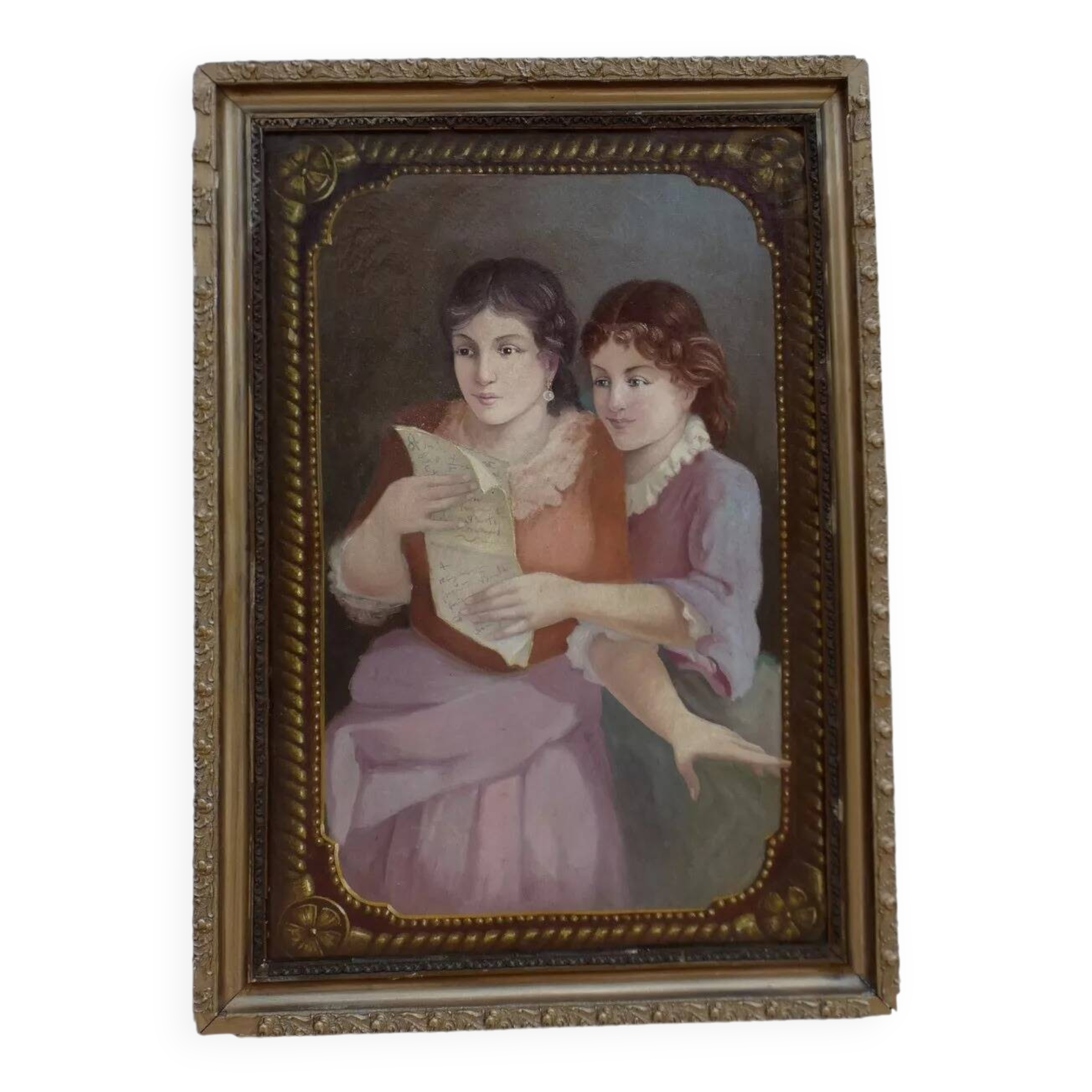 Antique English Painting of a Young Woman Reading