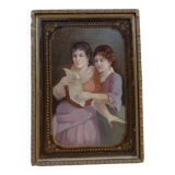 Peinture anglaise ancienne représentant une jeune femme lisant