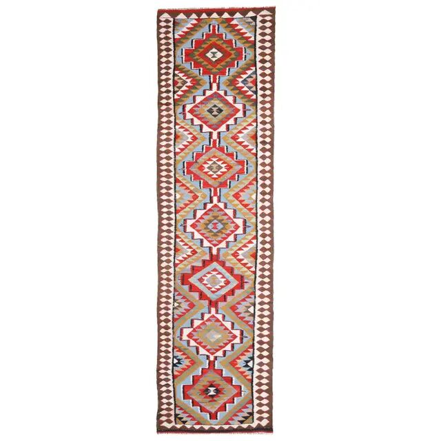 1970s Vintage Turkish Hand-Knotted Wool Cotton Red Runner Rug 93x355