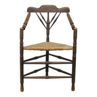 Antique Dutch Tripod Corner Chair in Oak and Rush