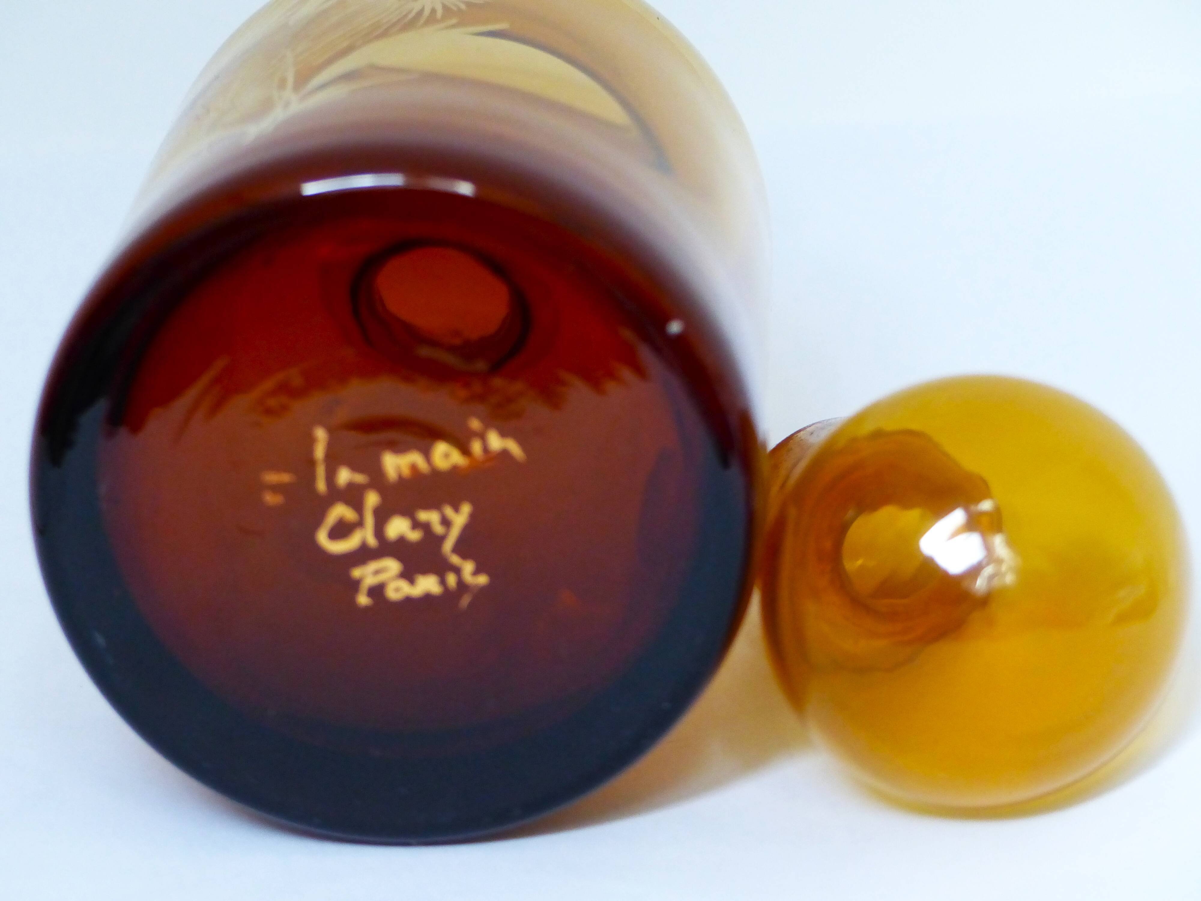 Decorated and signed perfume bottle, brown glass, painted "by hand Clary Paris"