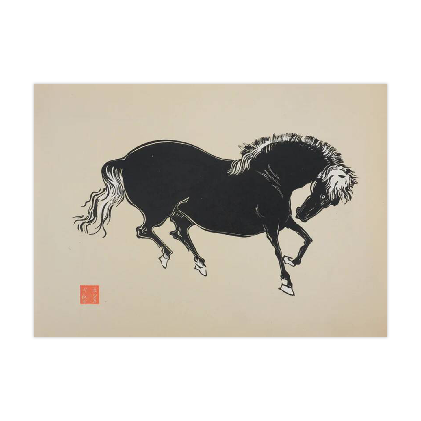Mokuchu URUSHIBARA: Japanese print, horse bowing (cream), woodblock print, signed