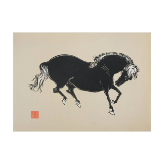 Mokuchu URUSHIBARA: Japanese print, horse bowing (cream), woodblock print, signed
