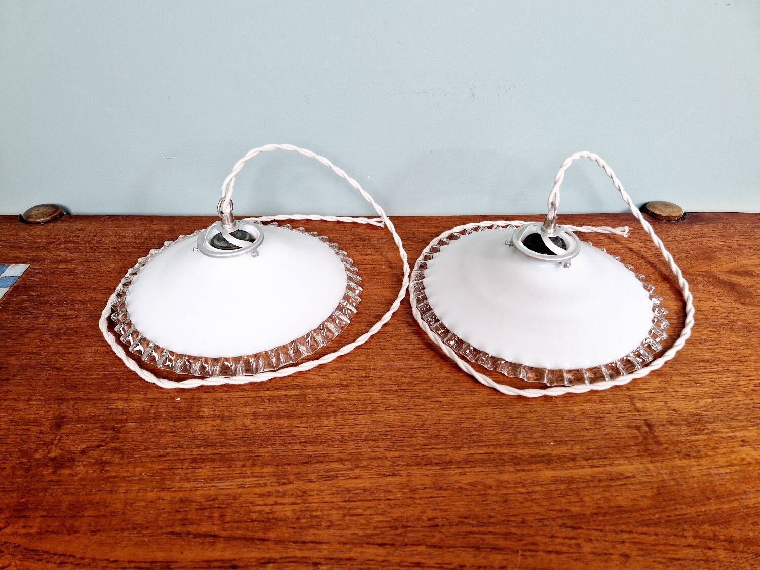 Pair of Art Deco pendant lights in scalloped white opaline, 1920-30