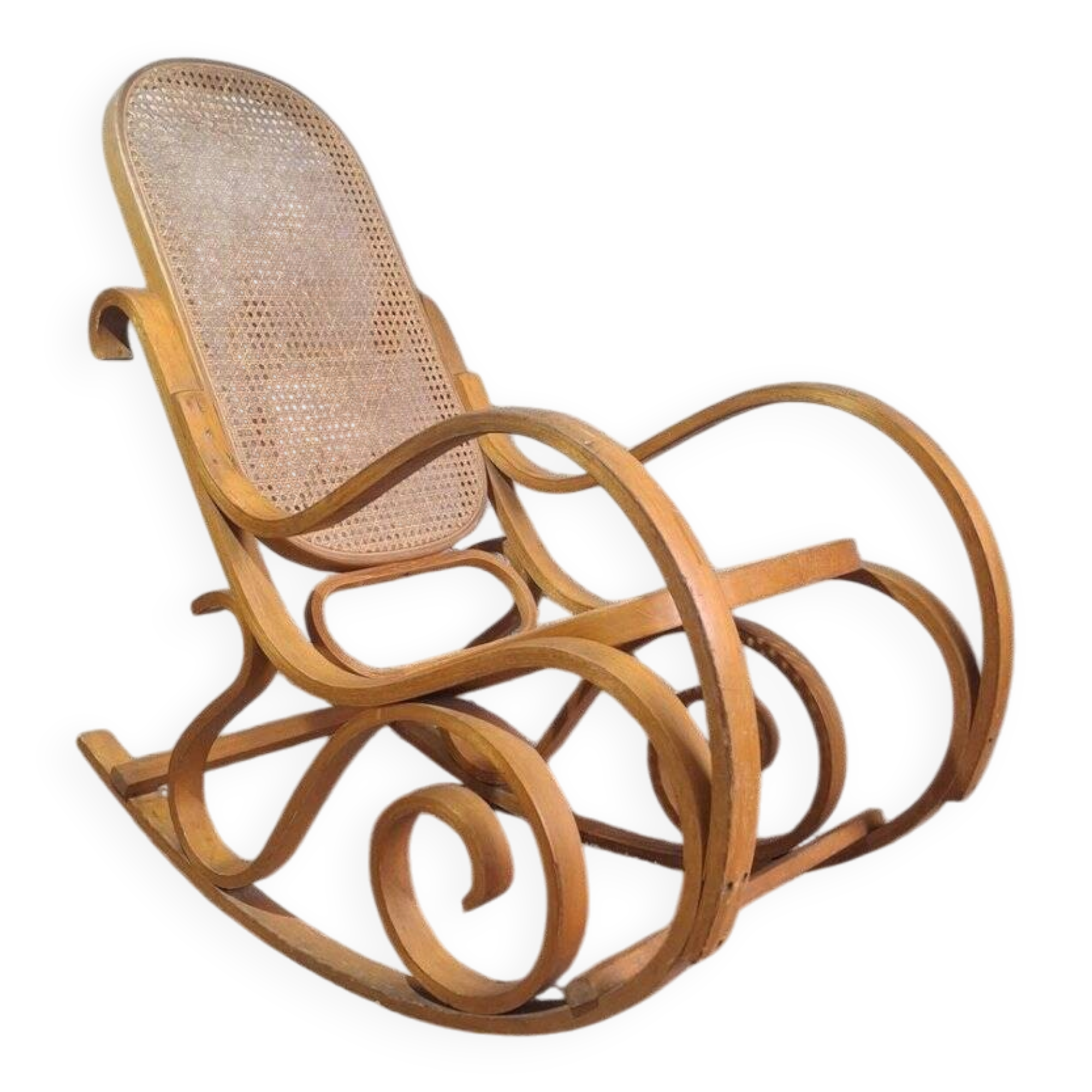 Rocking-chair style Thonet hêtre courbé & cannage – années 60