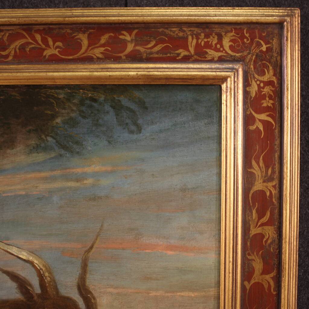 Antique Italian painting from the 17th century, bacchanal of cherubs