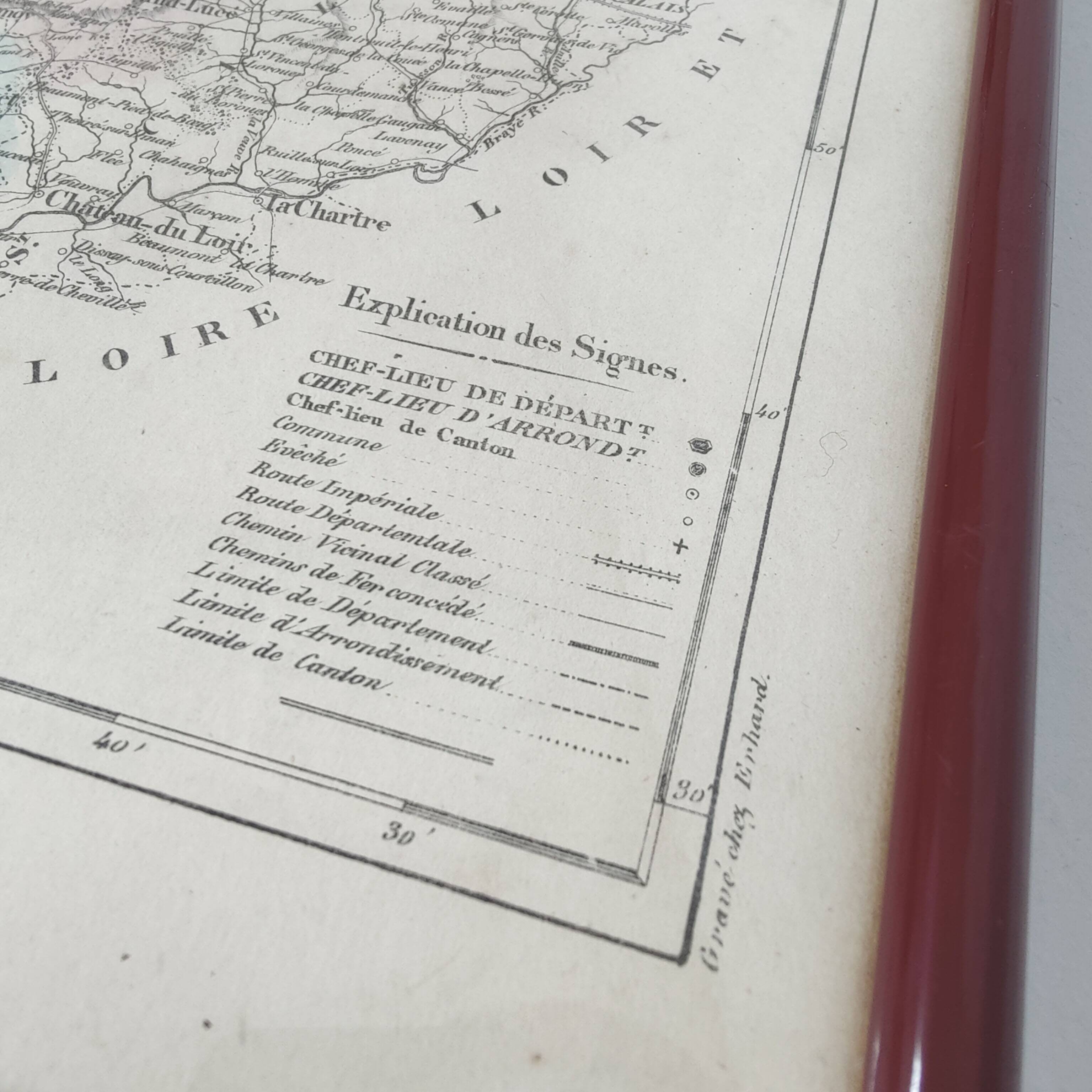 Engraved map of Sarthe wooden frame old plan of Le Mans