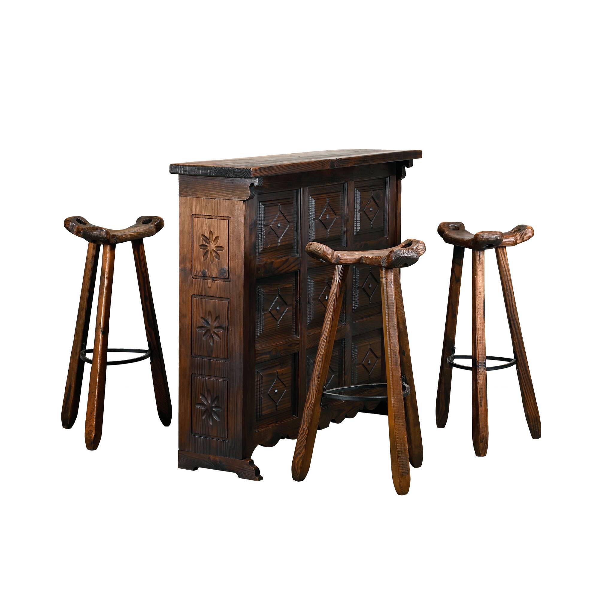 Spanish Rustic Brutalist Dry Bar Counter with matching Barstools