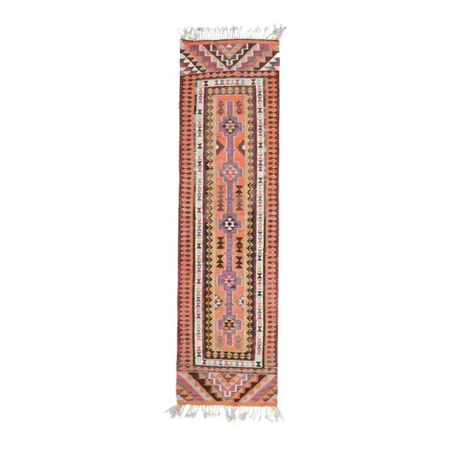 1970s Vintage Turkish Hand-Knotted Wool Cotton Orange Runner Rug 86x326