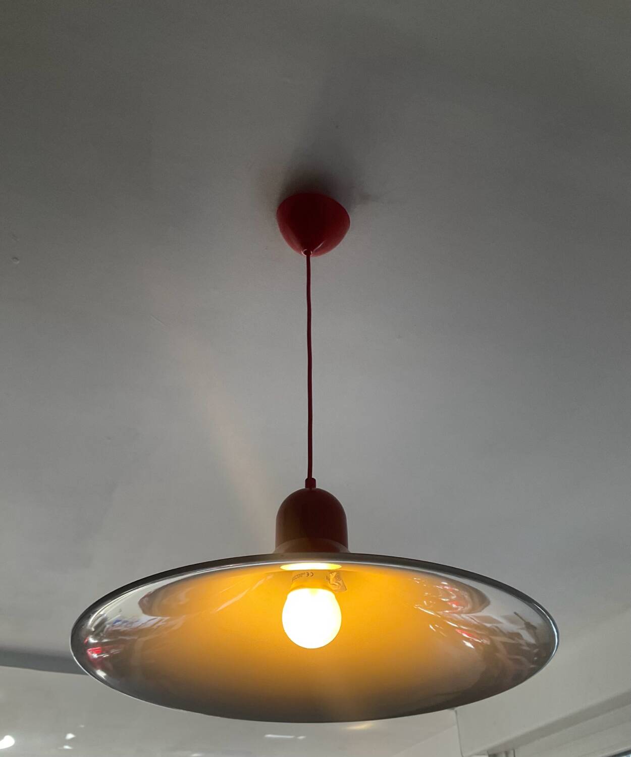 Space Age red metal saucer pendant light from the 70s-80s