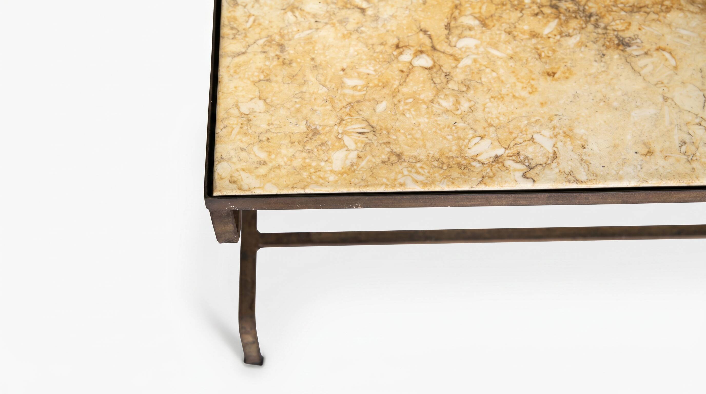 French handcrafted coffee table in travertine and wrought iron, 1920s.