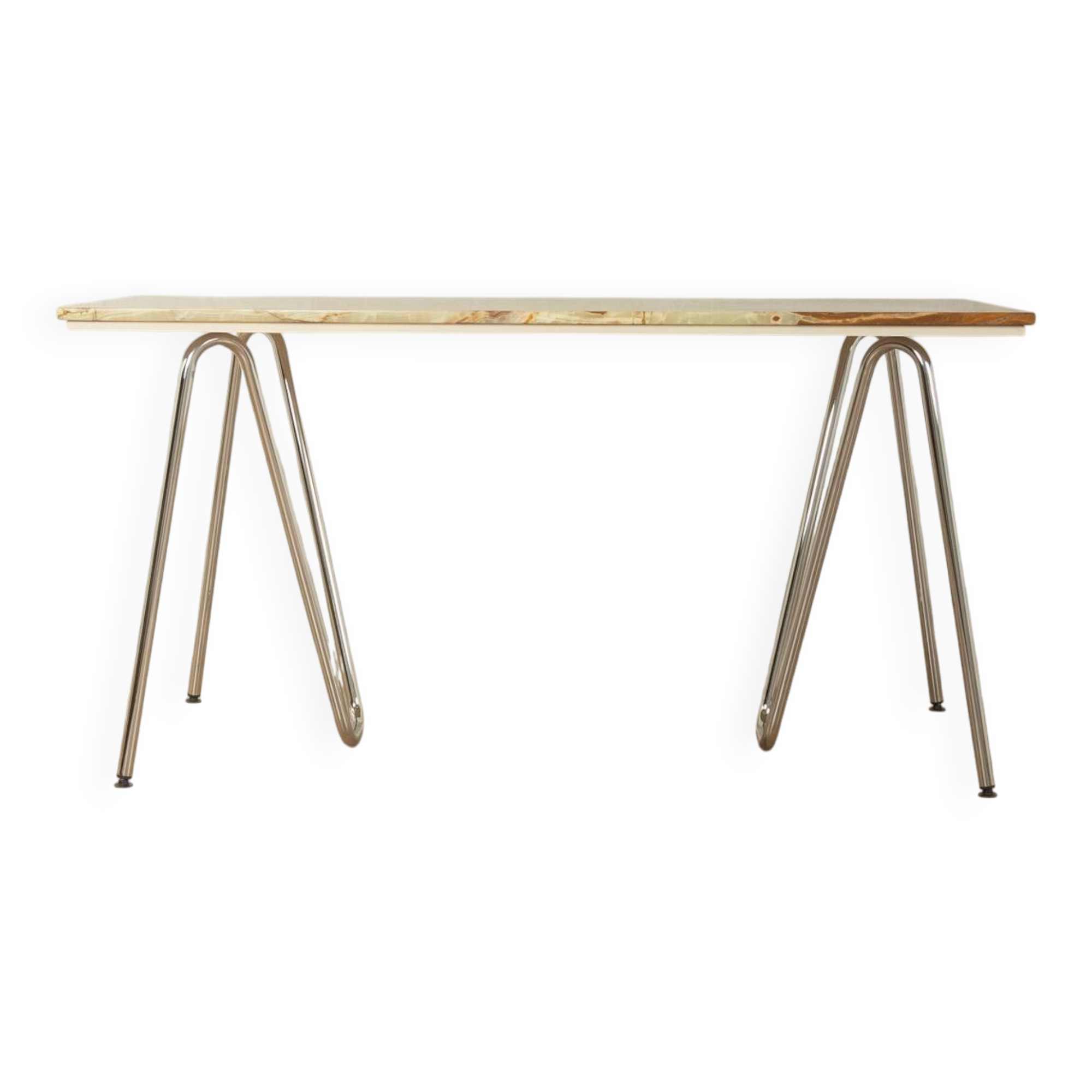 Unique desk from the 1970s with onyx marble top and stainless steel 'Grasshopper' legs