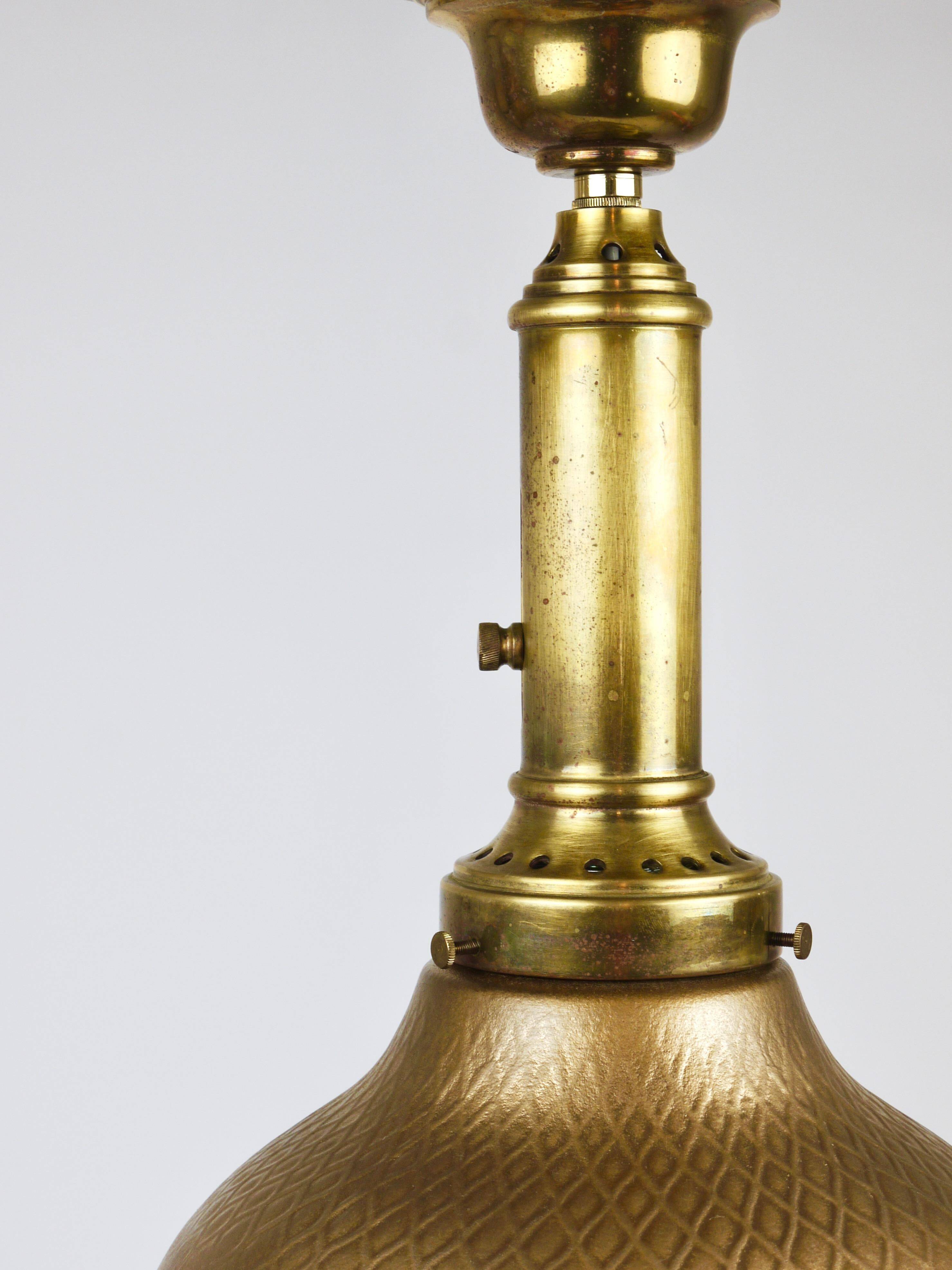 Art Nouveau pendant lamp in brass and glass from the 1920s, ceiling light, Jena, Germany.