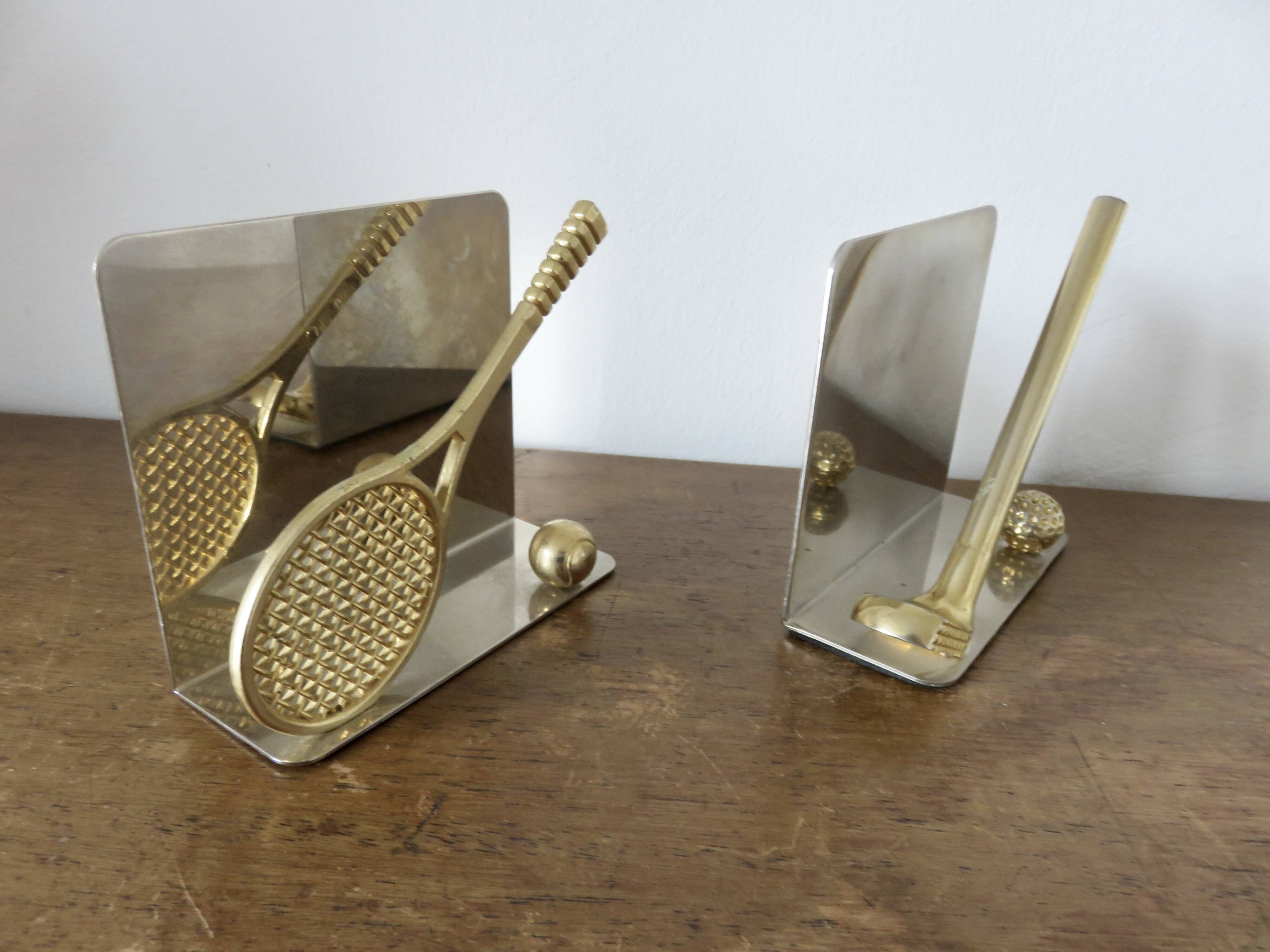 Serre livres en métal chromé et laiton "tennis & golf" années 70