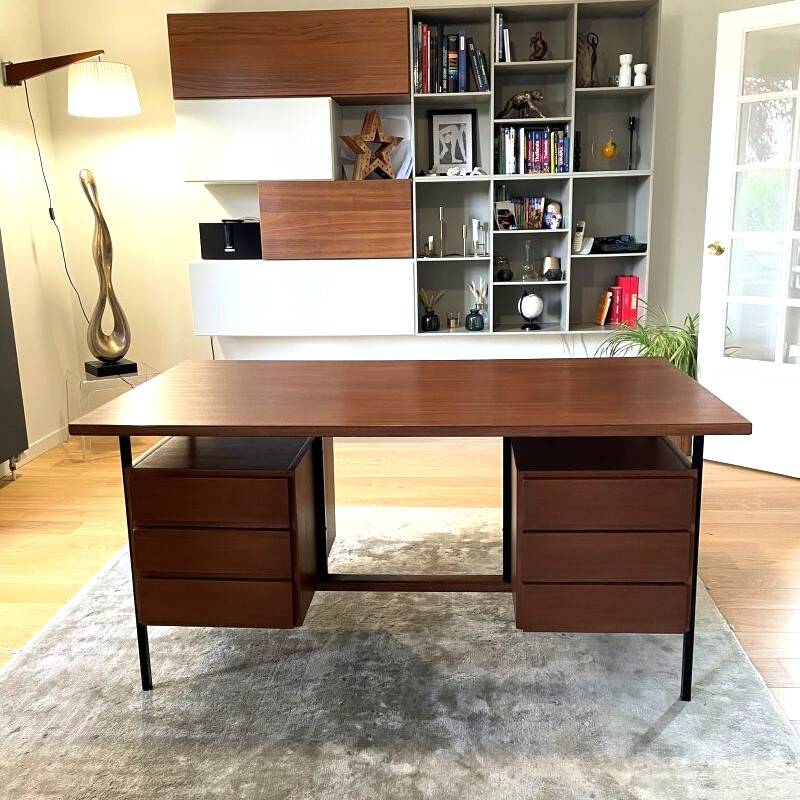 Vintage modernist desk in wood and black with 6 drawers