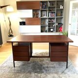 Vintage modernist desk in wood and black with 6 drawers
