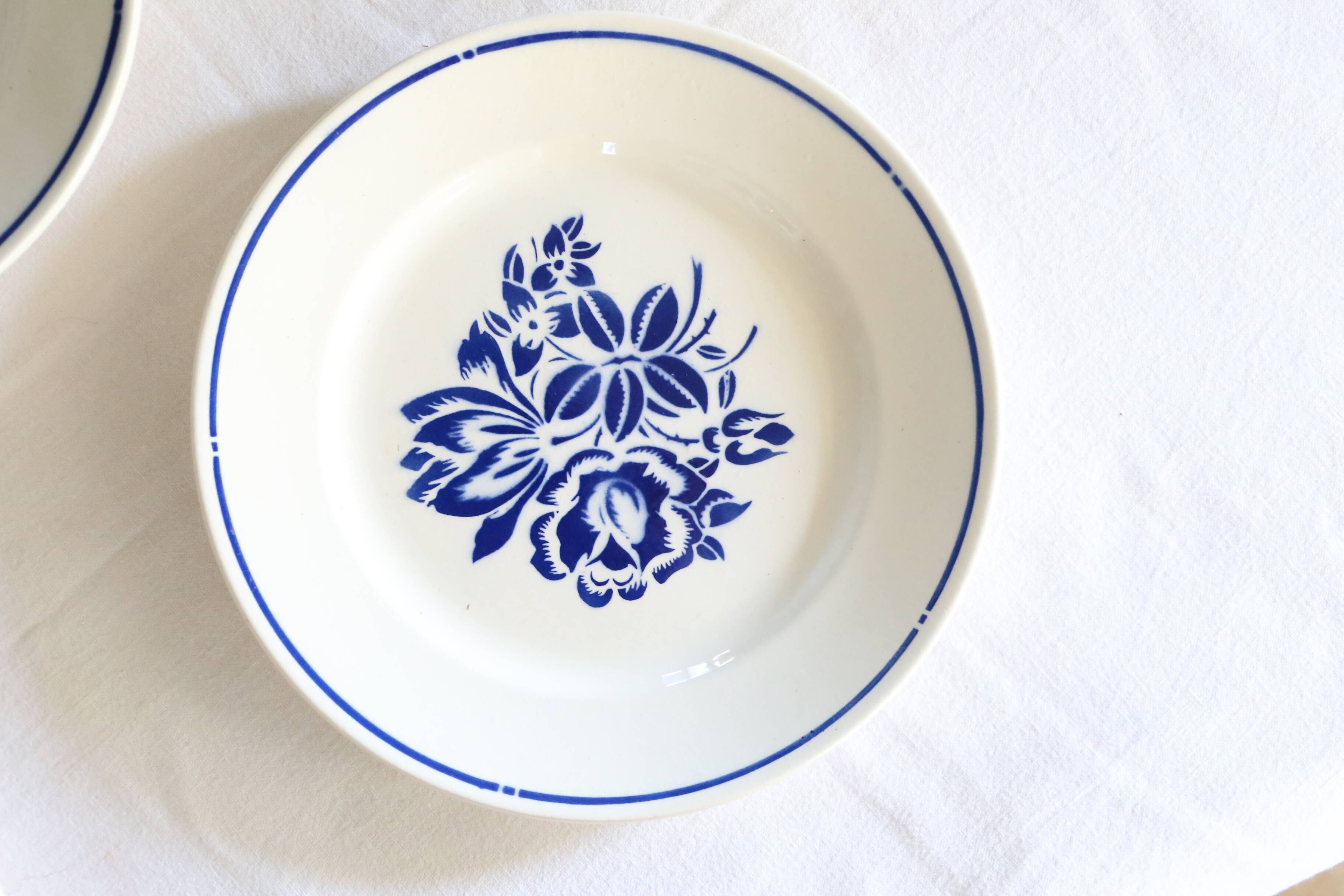 Set of 6 Badonviller flat plates, vintage French, authentic, rare, countryside
