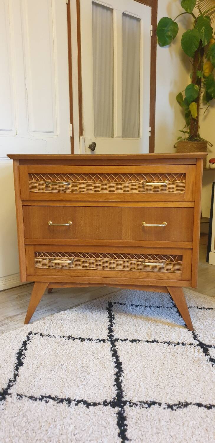 Wood and rattan chest of drawers